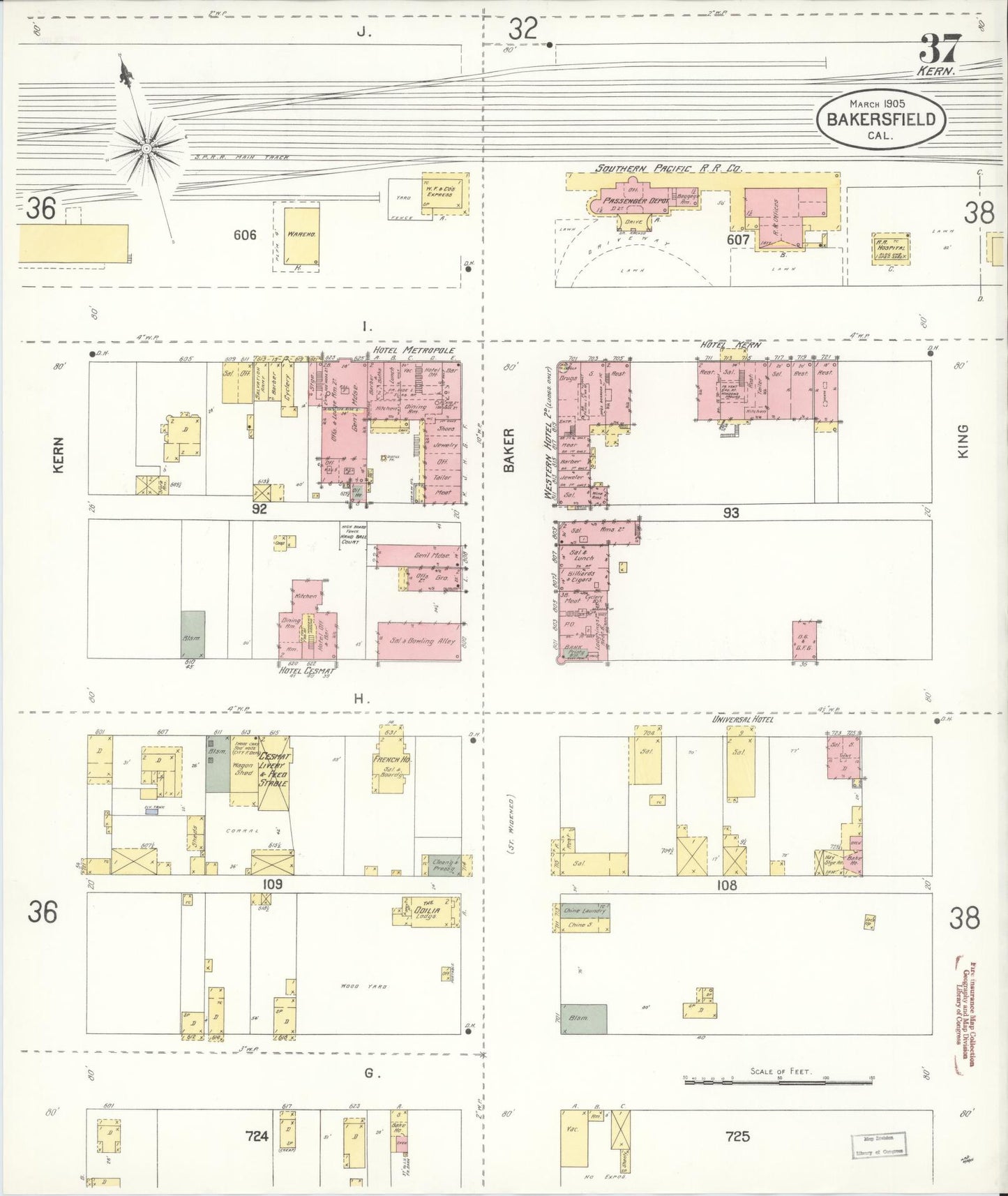 Sanborn Fire Insurance Map from Bakersfield, Kern County, California (1905), Sheet #0037 - Historic Sanborn Fire Insurance Map Print, vintage old map wall art, antique decor, genealogy gift, California California map