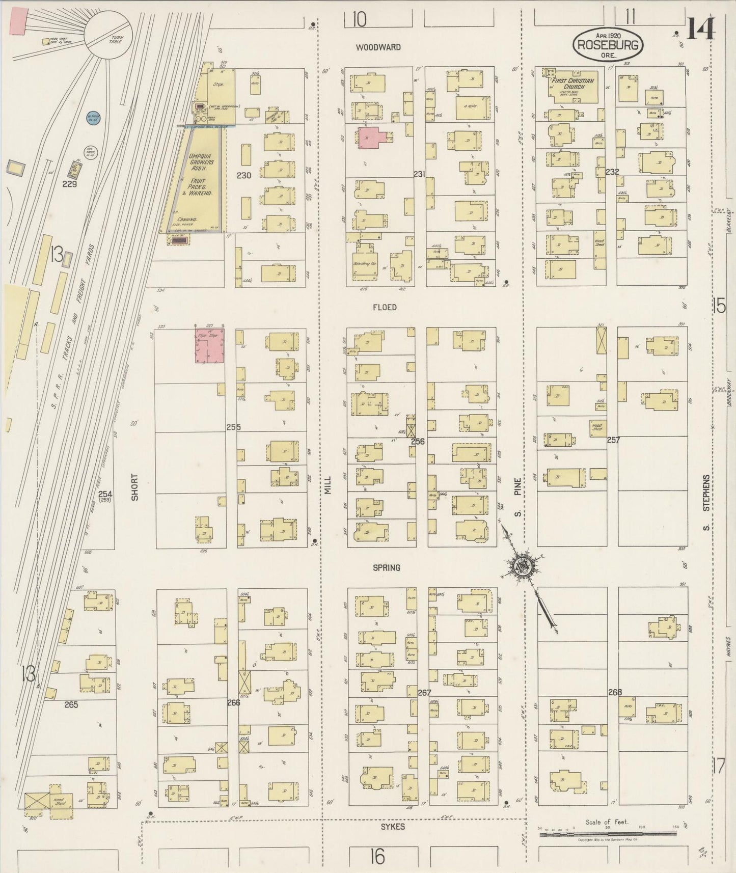 Sanborn Fire Insurance Map from Roseburg, Douglas County, Oregon (1920), Sheet #0014 - Historic Sanborn Fire Insurance Map Print, vintage old map wall art, antique decor, genealogy gift, Oregon Oregon map