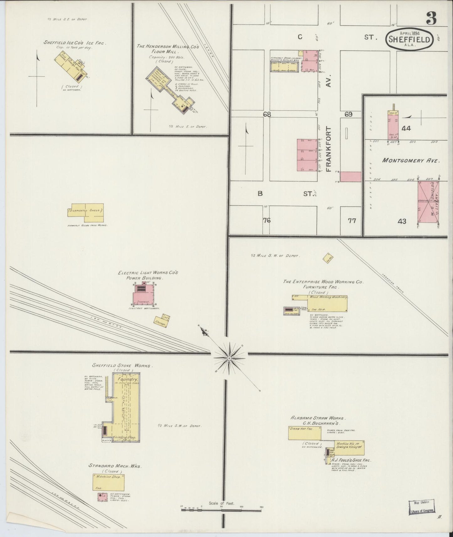 Sanborn Fire Insurance Map from Sheffield, Colbert County, Alabama (1894), Sheet #0003 - Historic Sanborn Fire Insurance Map Print, vintage old map wall art, antique decor, genealogy gift, Alabama Alabama map