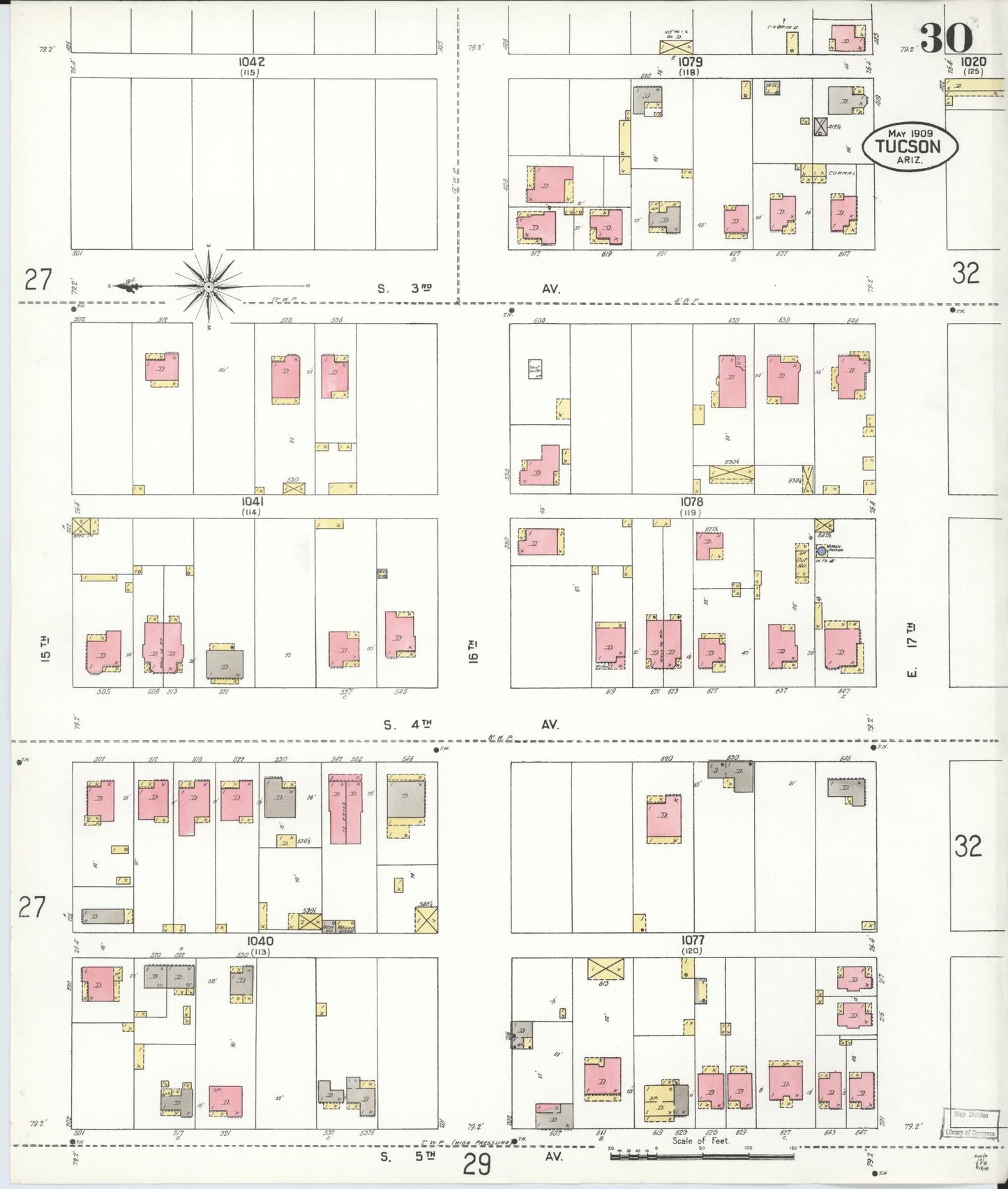 Sanborn Fire Insurance Map from Tucson, Pima County, Arizona (1909), Sheet #0030 - Historic Sanborn Fire Insurance Map Print, vintage old map wall art, antique decor, genealogy gift, Arizona Arizona map