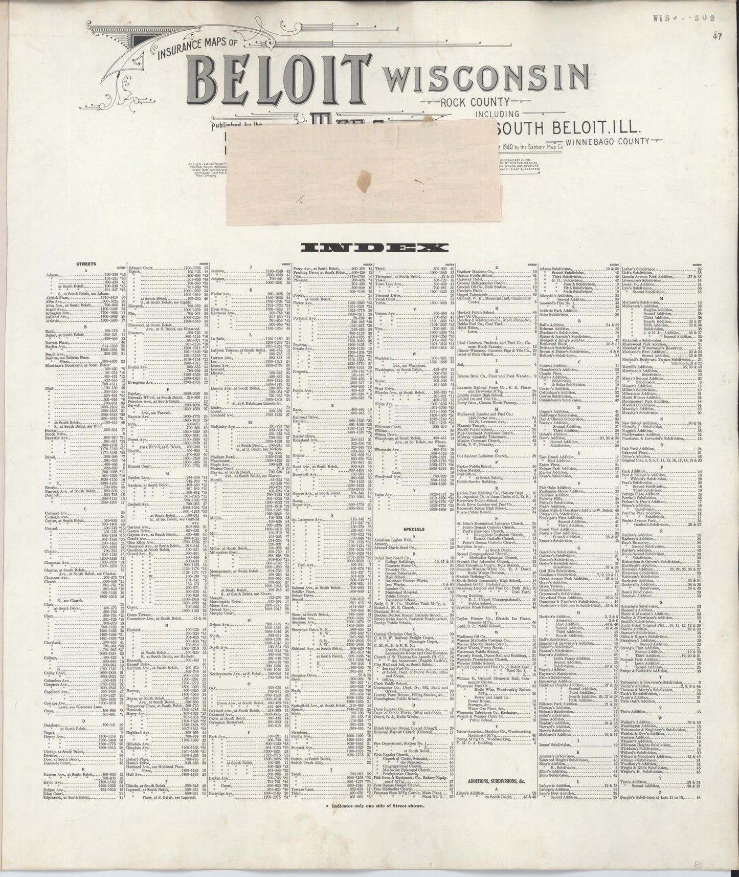 Sanborn Fire Insurance Map from Beloit, Rock County, Wisconsin (1950), Sheet #0001 - Historic Sanborn Fire Insurance Map Print, vintage old map wall art, antique decor, genealogy gift, Wisconsin Wisconsin map