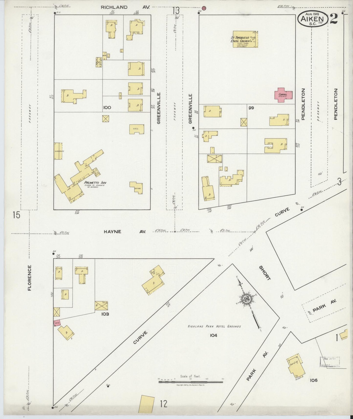 Sanborn Fire Insurance Map from Aiken, Aiken County, South Carolina (1918), Sheet #0002 - Historic Sanborn Fire Insurance Map Print, vintage old map wall art, antique decor, genealogy gift, South Carolina South Carolina map