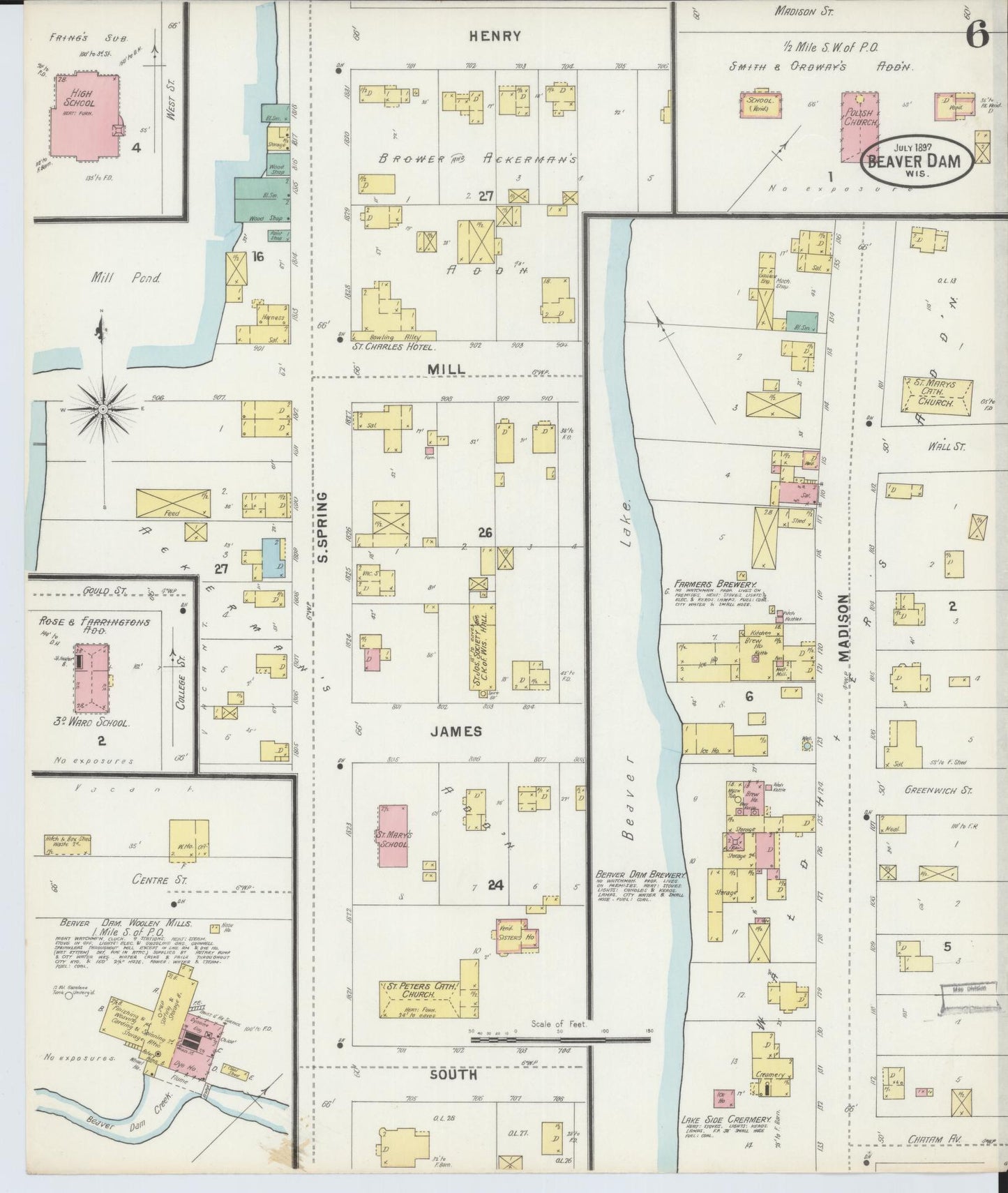 Sanborn Fire Insurance Map from Beaver Dam, Dodge County, Wisconsin (1897), Sheet #0006 - Historic Sanborn Fire Insurance Map Print, vintage old map wall art, antique decor, genealogy gift, Wisconsin Wisconsin map