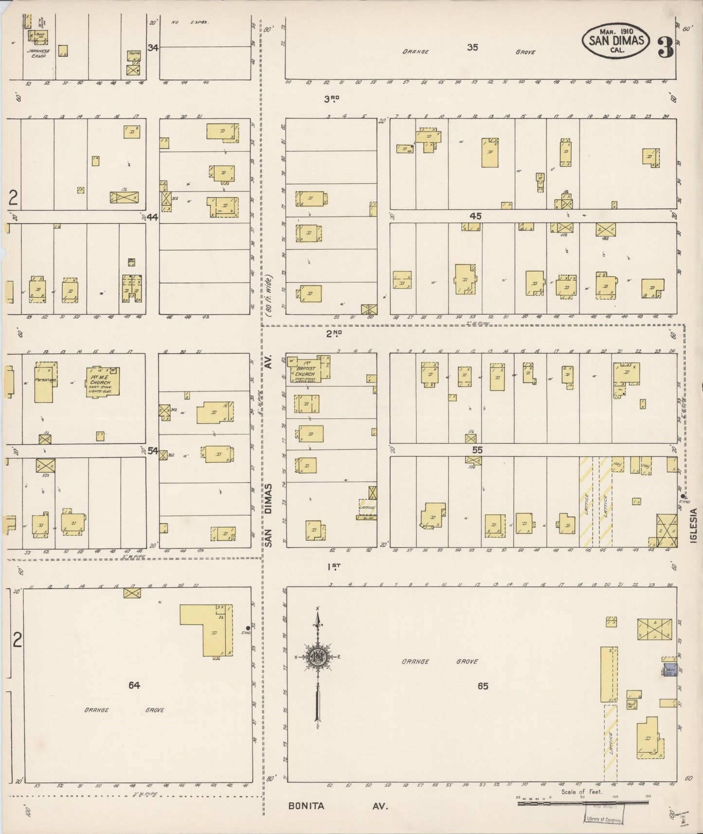Sanborn Fire Insurance Map from San Dimas, Los Angeles County, California (1910), Sheet #0003 - Complete Map Set gallery image, historic Sanborn map, vintage wall art, California California
