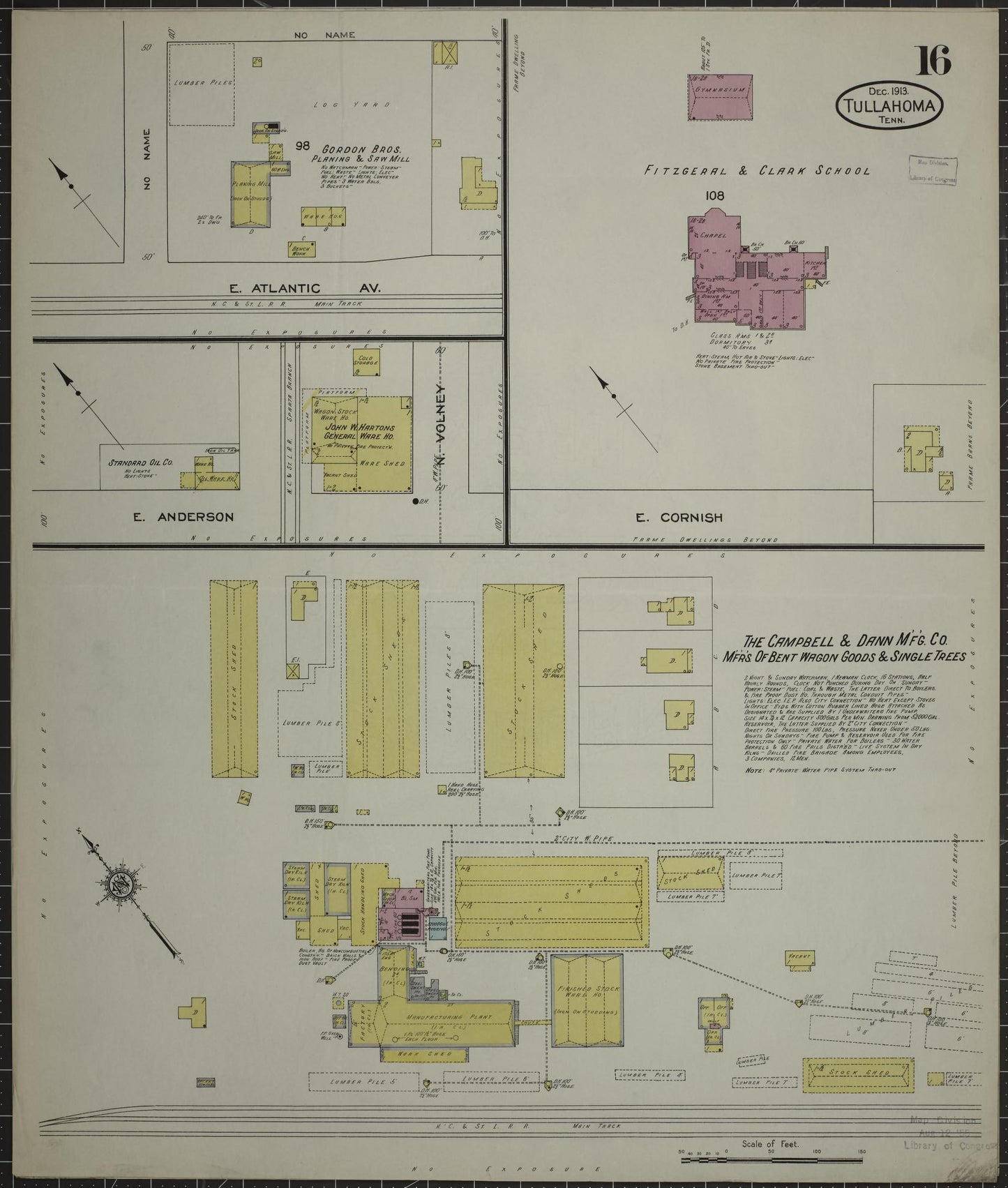 Sanborn Fire Insurance Map from Tullahoma, Coffee County, Tennessee (1913), Sheet #0016 - Complete Map Set gallery image, historic Sanborn map, vintage wall art, Tennessee Tennessee