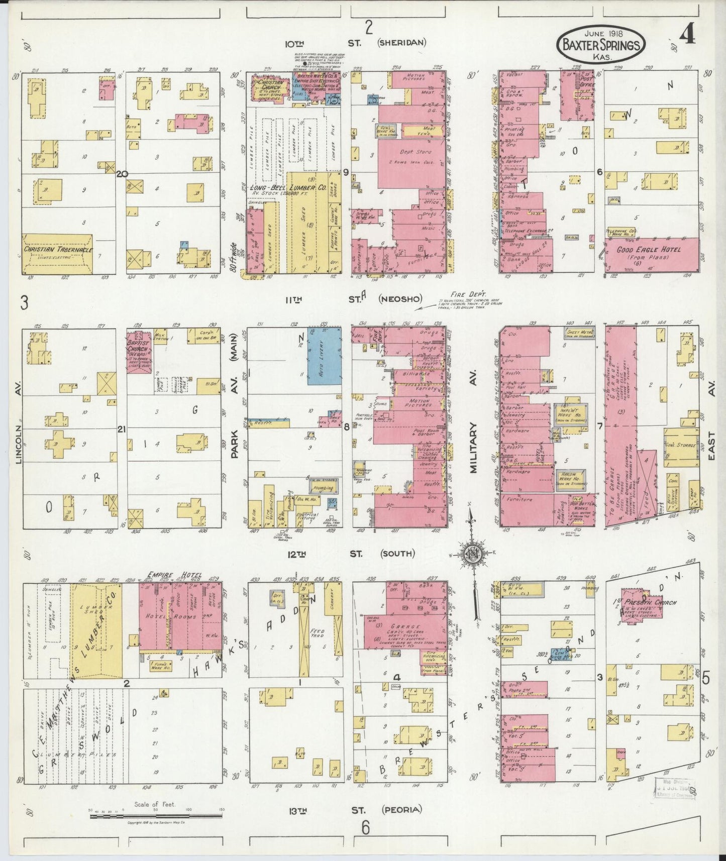Sanborn Fire Insurance Map from Baxter Springs, Cherokee County, Kansas (1918), Sheet #0004 - Historic Sanborn Fire Insurance Map Print, vintage old map wall art, antique decor, genealogy gift, Kansas Kansas map