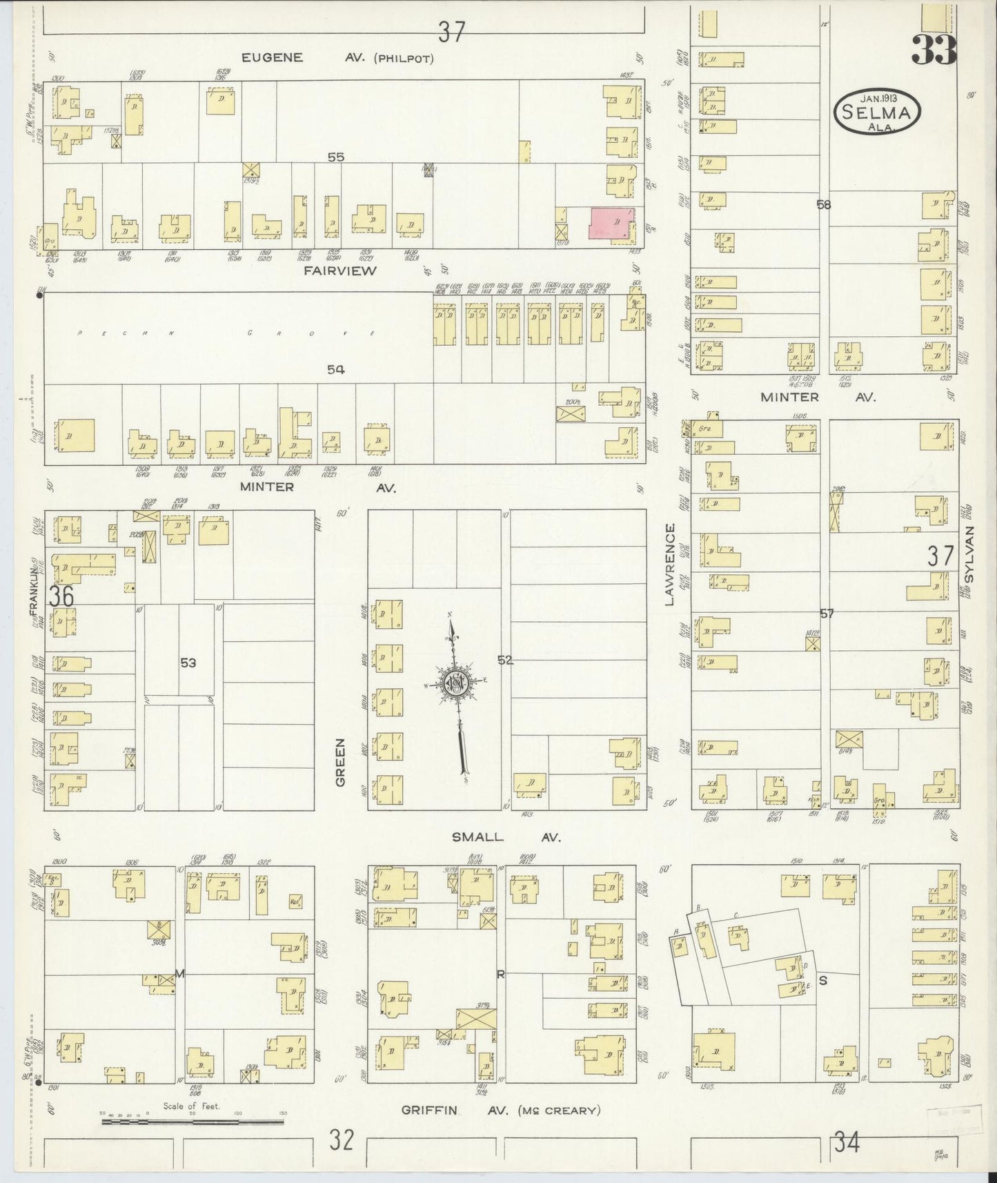 Sanborn Fire Insurance Map from Selma, Dallas County, Alabama (1913), Sheet #0033 - Historic Sanborn Fire Insurance Map Print, vintage old map wall art, antique decor, genealogy gift, Alabama Alabama map