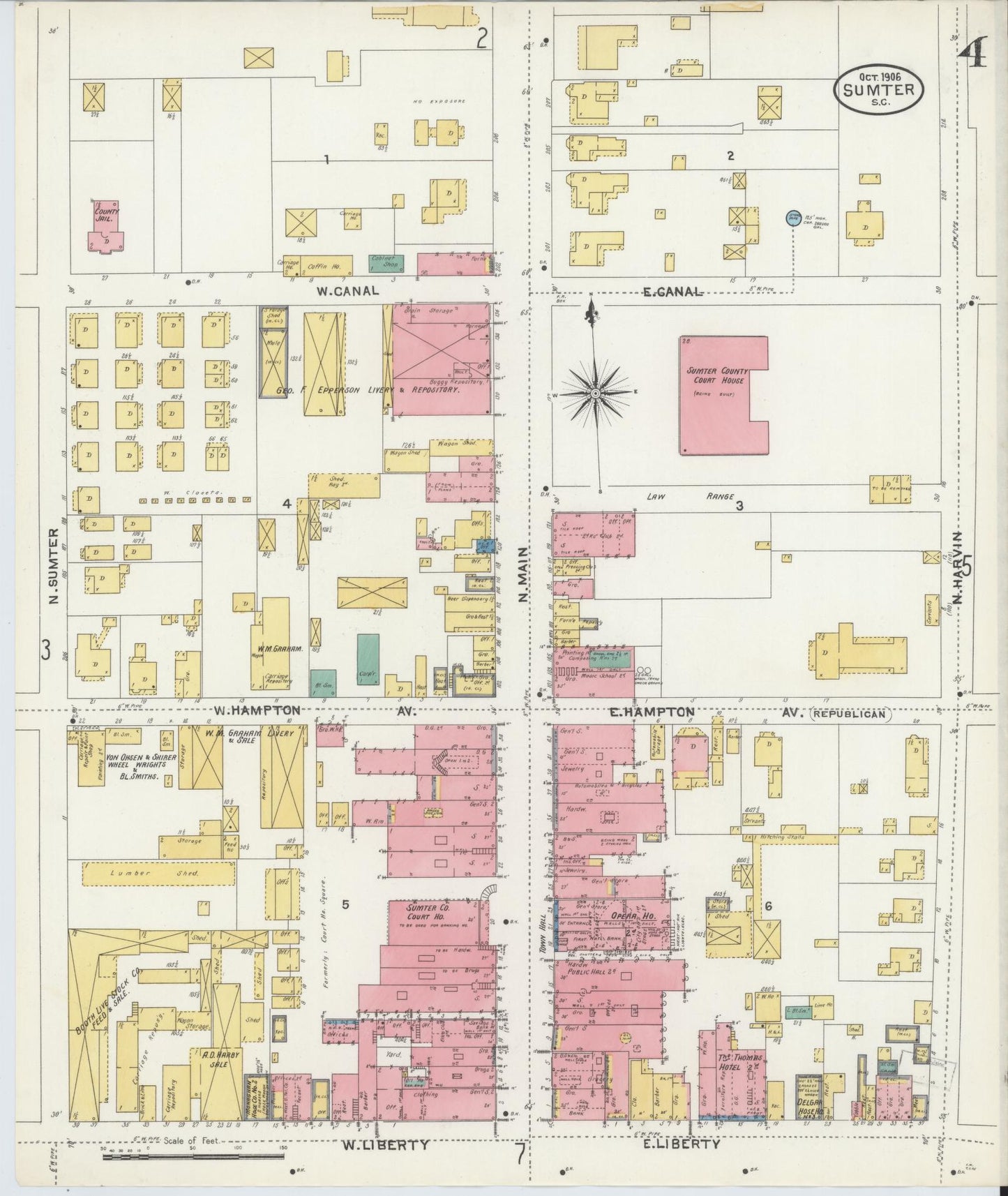 Sanborn Fire Insurance Map from Sumter, Sumter County, South Carolina (1906), Sheet #0004 - Historic Sanborn Fire Insurance Map Print, vintage old map wall art, antique decor, genealogy gift, South Carolina South Carolina map