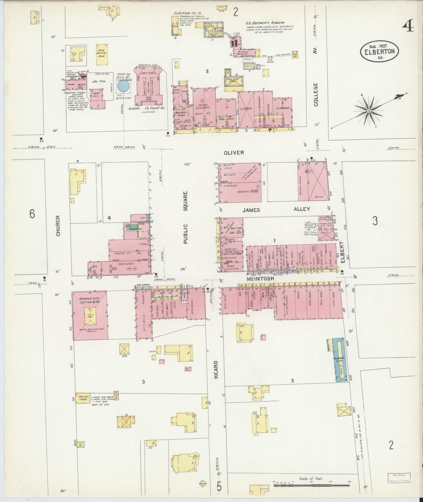 Sanborn Fire Insurance Map from Elberton, Elbert County, Georgia (1907), Sheet #0004 - Historic Sanborn Fire Insurance Map Print, vintage old map wall art, antique decor, genealogy gift, Georgia Georgia map