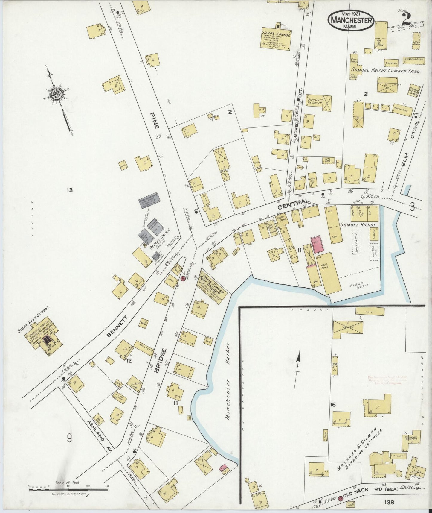 Sanborn Fire Insurance Map from Manchester, Essex County, Massachusetts (1921), Sheet #0002 - Historic Sanborn Fire Insurance Map Print, vintage old map wall art, antique decor, genealogy gift, Massachusetts Massachusetts map