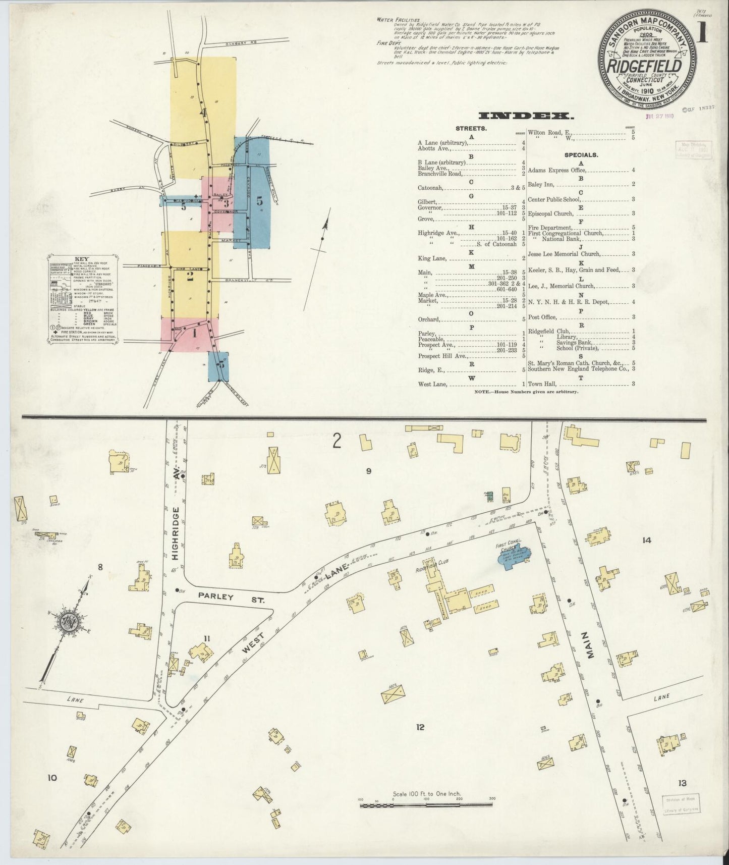 Sanborn Fire Insurance Map from Ridgefield, Fairfield County, Connecticut (1910), Sheet #0001 - Historic Sanborn Fire Insurance Map Print, vintage old map wall art, antique decor, genealogy gift, Connecticut Connecticut map