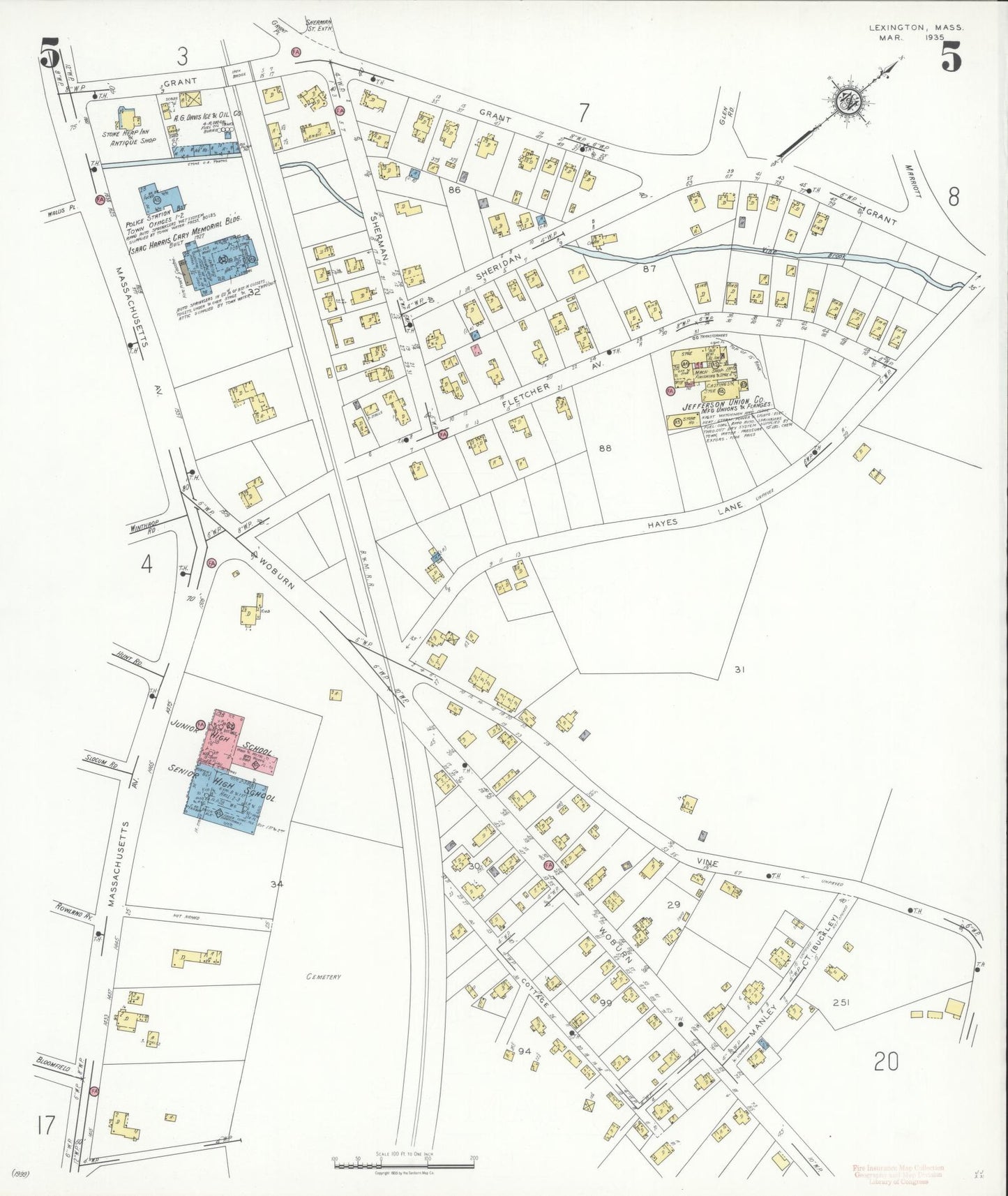 Sanborn Fire Insurance Map from Lexington, Middlesex County, Massachusetts (1935), Sheet #0005 - Historic Sanborn Fire Insurance Map Print, vintage old map wall art, antique decor, genealogy gift, Massachusetts Massachusetts map