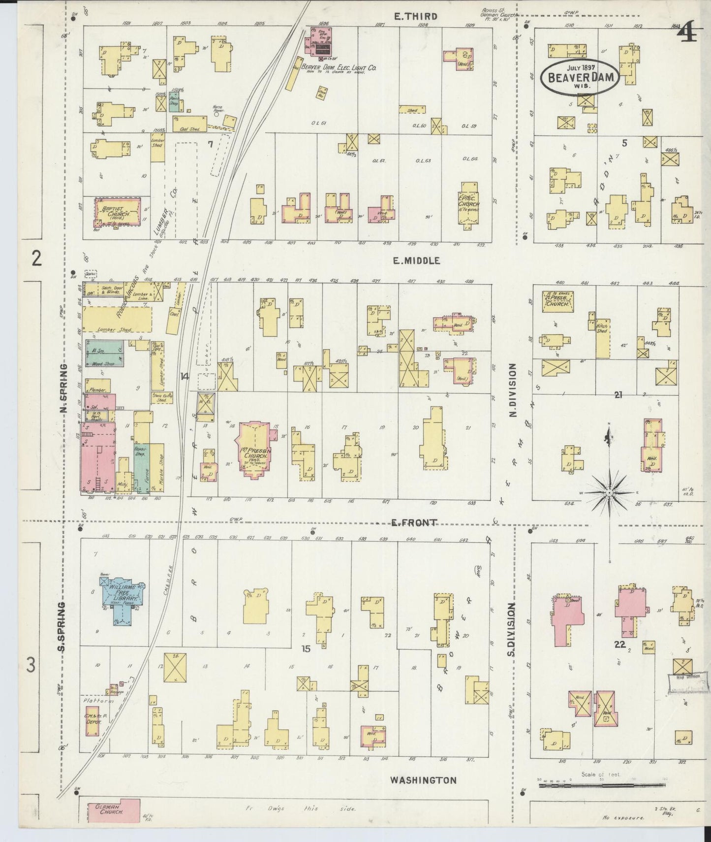 Sanborn Fire Insurance Map from Beaver Dam, Dodge County, Wisconsin (1897), Sheet #0004 - Historic Sanborn Fire Insurance Map Print, vintage old map wall art, antique decor, genealogy gift, Wisconsin Wisconsin map