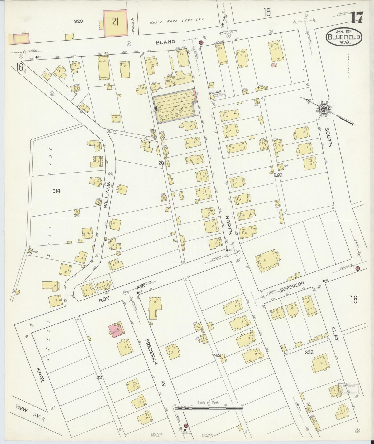 Sanborn Fire Insurance Map from Bluefield, Mercer County, West Virginia (1914), Sheet #0017 - Historic Sanborn Fire Insurance Map Print, vintage old map wall art, antique decor, genealogy gift, West Virginia West Virginia map