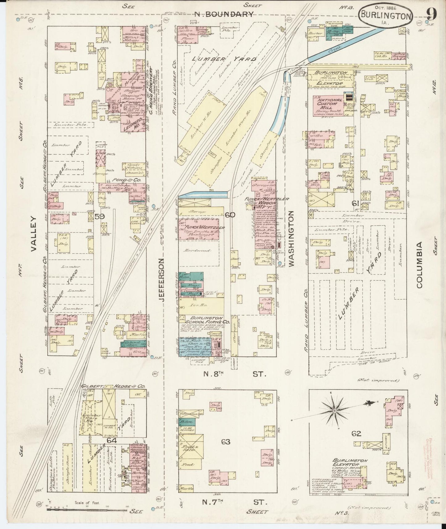Sanborn Fire Insurance Map from Burlington, Des Moines County, Iowa (1888), Sheet #0009 - Historic Sanborn Fire Insurance Map Print, vintage old map wall art