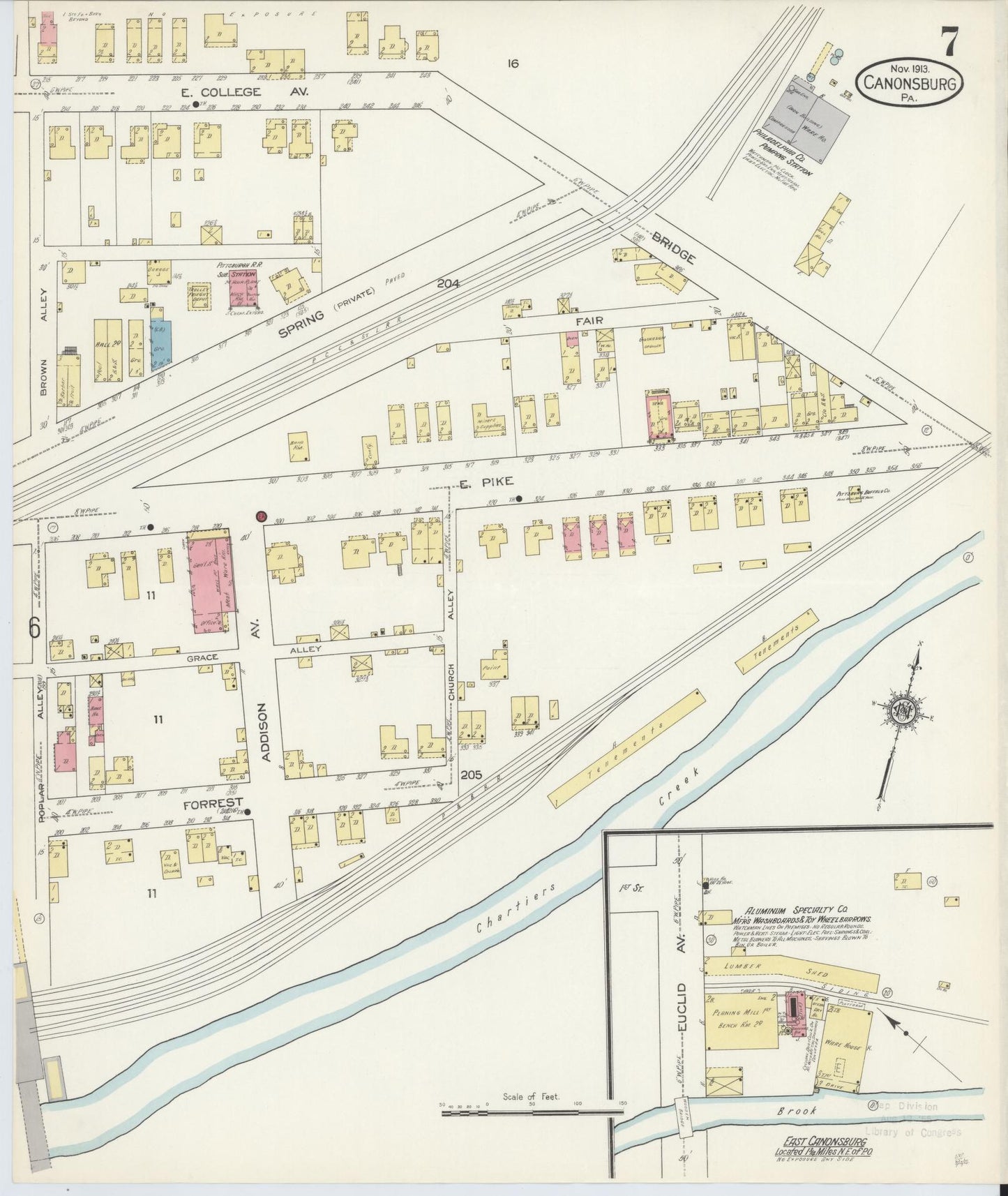 Sanborn Fire Insurance Map from Canonsburg, Washington County, Pennsylvania (1913), Sheet #0007 - Historic Sanborn Fire Insurance Map Print, vintage old map wall art, antique decor, genealogy gift, Pennsylvania Pennsylvania map
