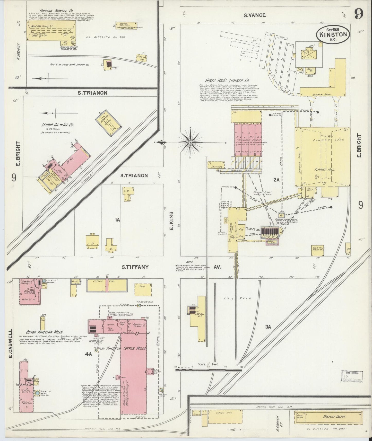 Sanborn Fire Insurance Map from Kinston, Lenoir County, North Carolina (1901), Sheet #0009 - Historic Sanborn Fire Insurance Map Print, vintage old map wall art, antique decor, genealogy gift, North Carolina North Carolina map