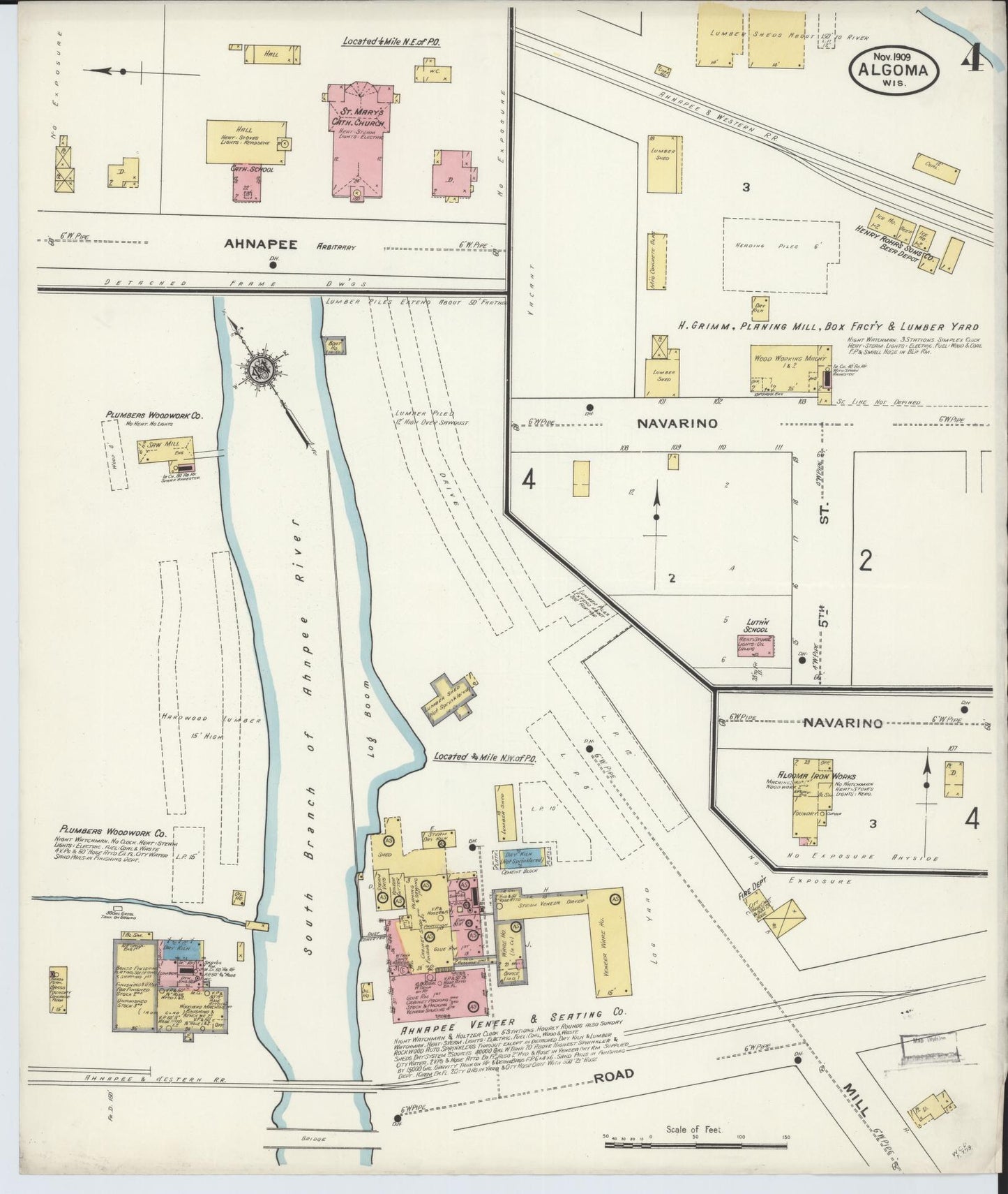 Sanborn Fire Insurance Map from Algoma, Kewaunee County, Wisconsin (1909), Sheet #0004 - Historic Sanborn Fire Insurance Map Print, vintage old map wall art, antique decor, genealogy gift, Wisconsin Wisconsin map