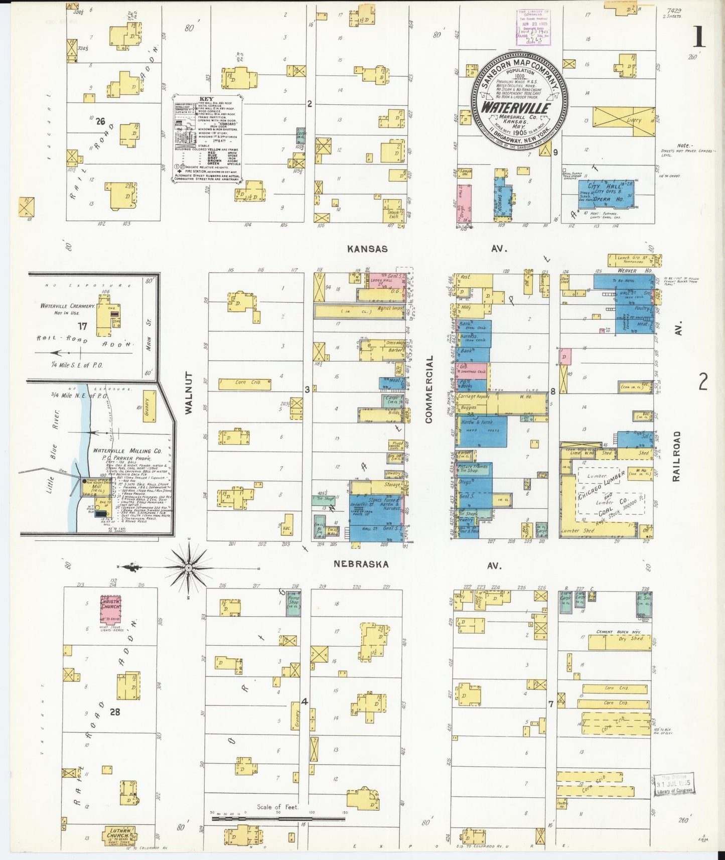 Sanborn Fire Insurance Map from Waterville, Marshall County, Kansas (1905), Sheet #0001 - Historic Sanborn Fire Insurance Map Print, vintage old map wall art, antique decor, genealogy gift, Kansas Kansas map