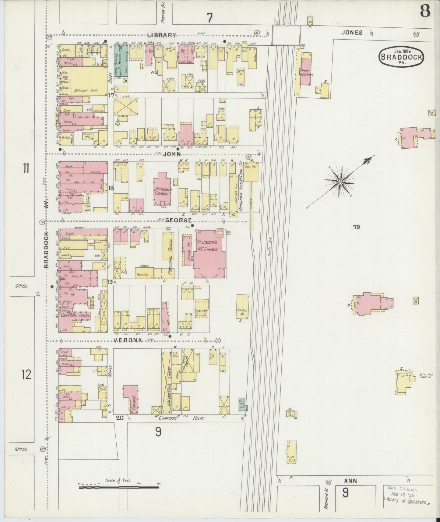 Sanborn Fire Insurance Map from Braddock, Allegheny County, Pennsylvania (1896), Sheet #0008 - Historic Sanborn Fire Insurance Map Print, vintage old map wall art, antique decor, genealogy gift, Pennsylvania Pennsylvania map