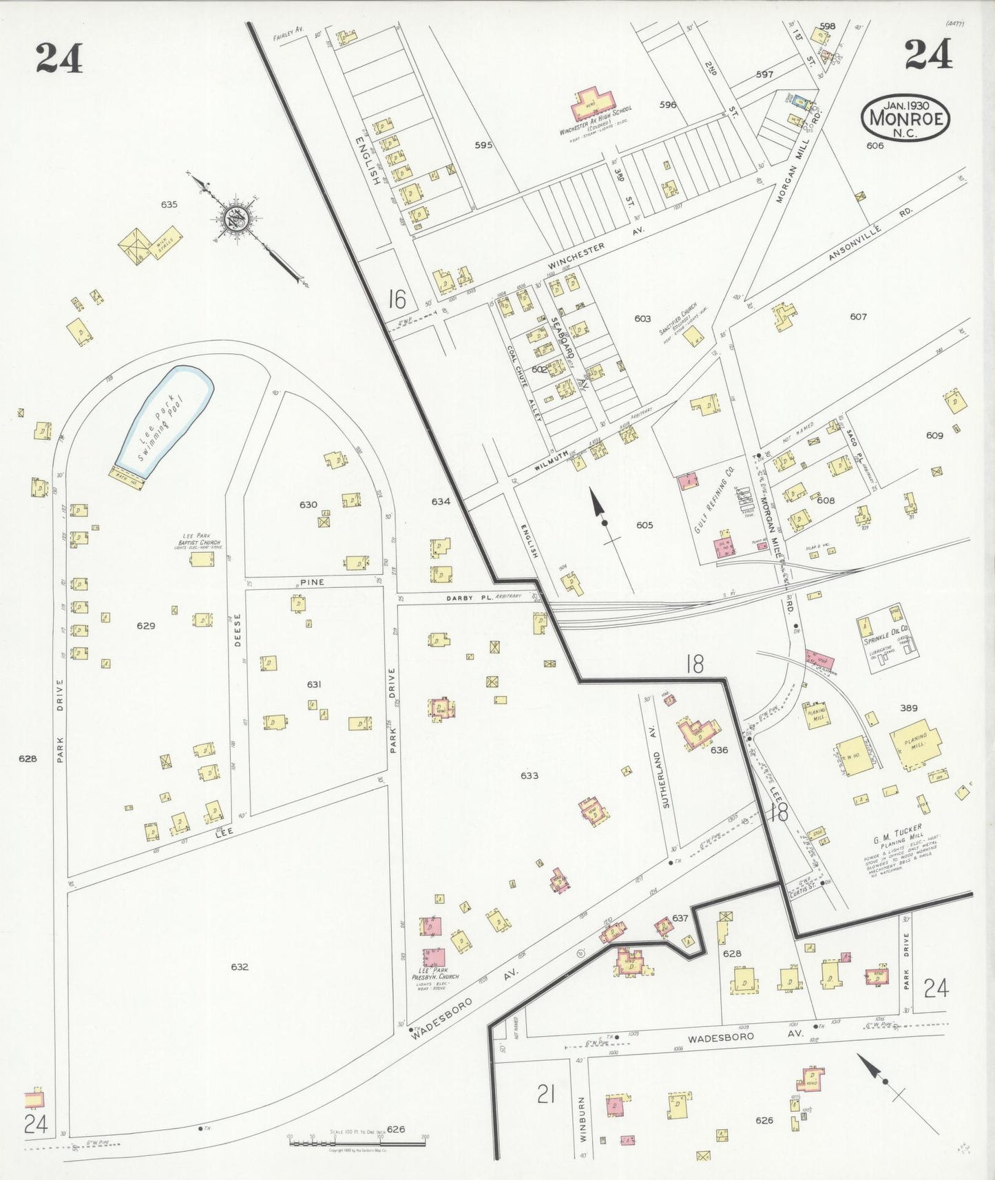 Sanborn Fire Insurance Map from Monroe, Union County, North Carolina (1930), Sheet #0024 - Historic Sanborn Fire Insurance Map Print, vintage old map wall art, antique decor, genealogy gift, North Carolina North Carolina map