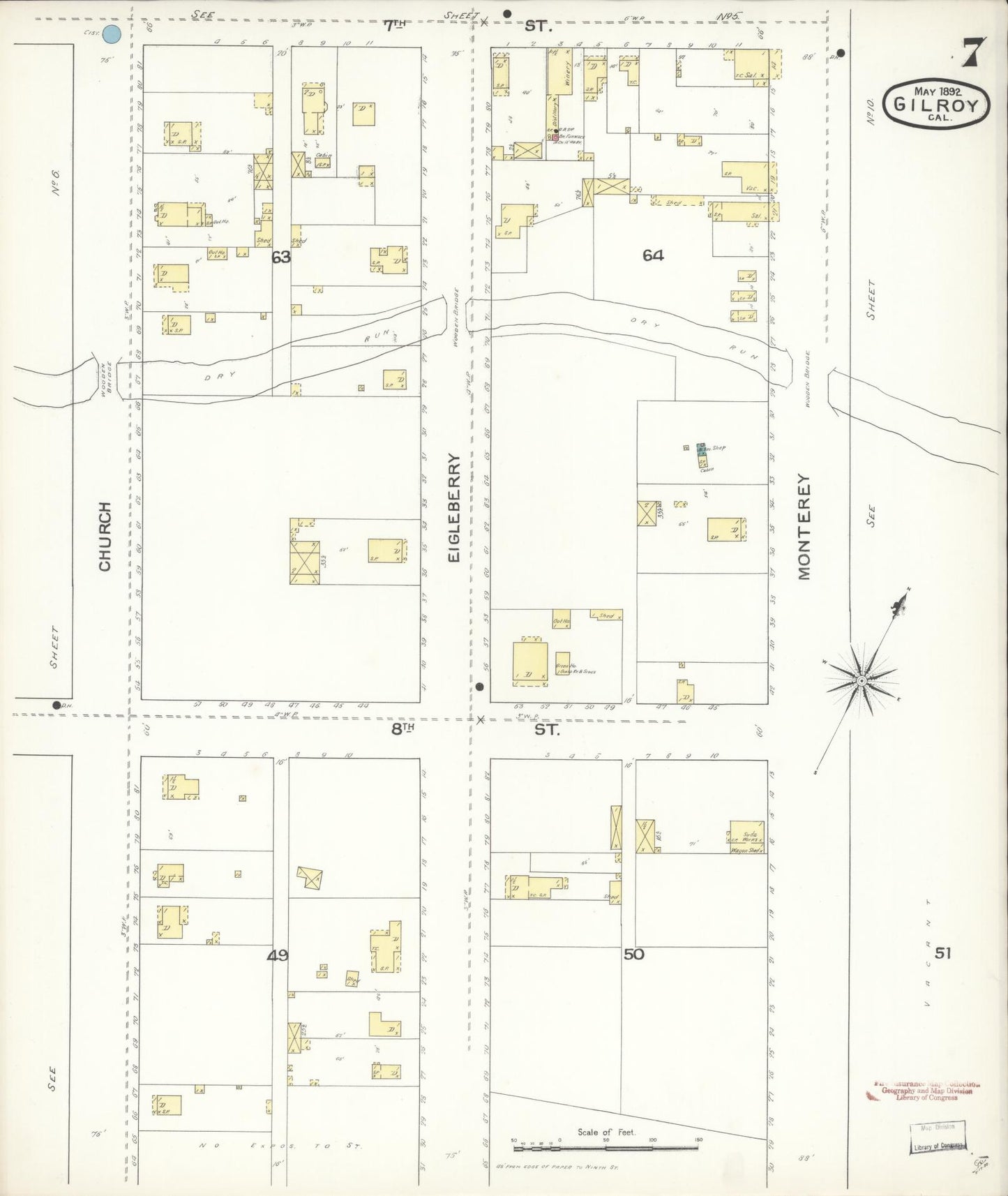 Sanborn Fire Insurance Map from Gilroy, Santa Clara County, California (1892), Sheet #0007 - Historic Sanborn Fire Insurance Map Print, vintage old map wall art, antique decor, genealogy gift, California California map