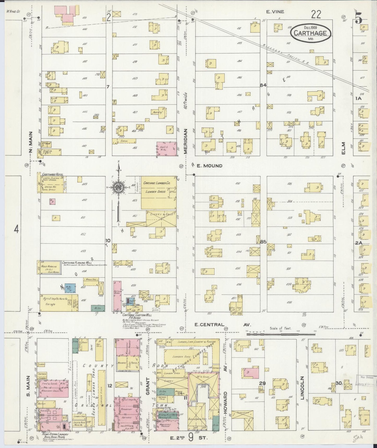 Sanborn Fire Insurance Map from Carthage, Jasper County, Missouri (1909), Sheet #0005 - Historic Sanborn Fire Insurance Map Print, vintage old map wall art, antique decor, genealogy gift, Missouri Missouri map