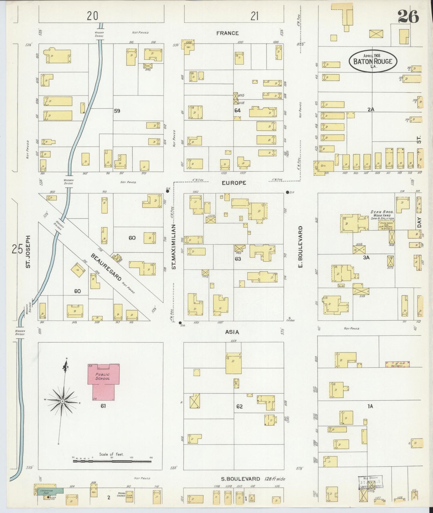 Sanborn Fire Insurance Map from Baton Rouge, East Baton Rouge Parish, Louisiana (1908), Sheet #0026 - Historic Sanborn Fire Insurance Map Print, vintage old map wall art, antique decor, genealogy gift, Louisiana Louisiana map
