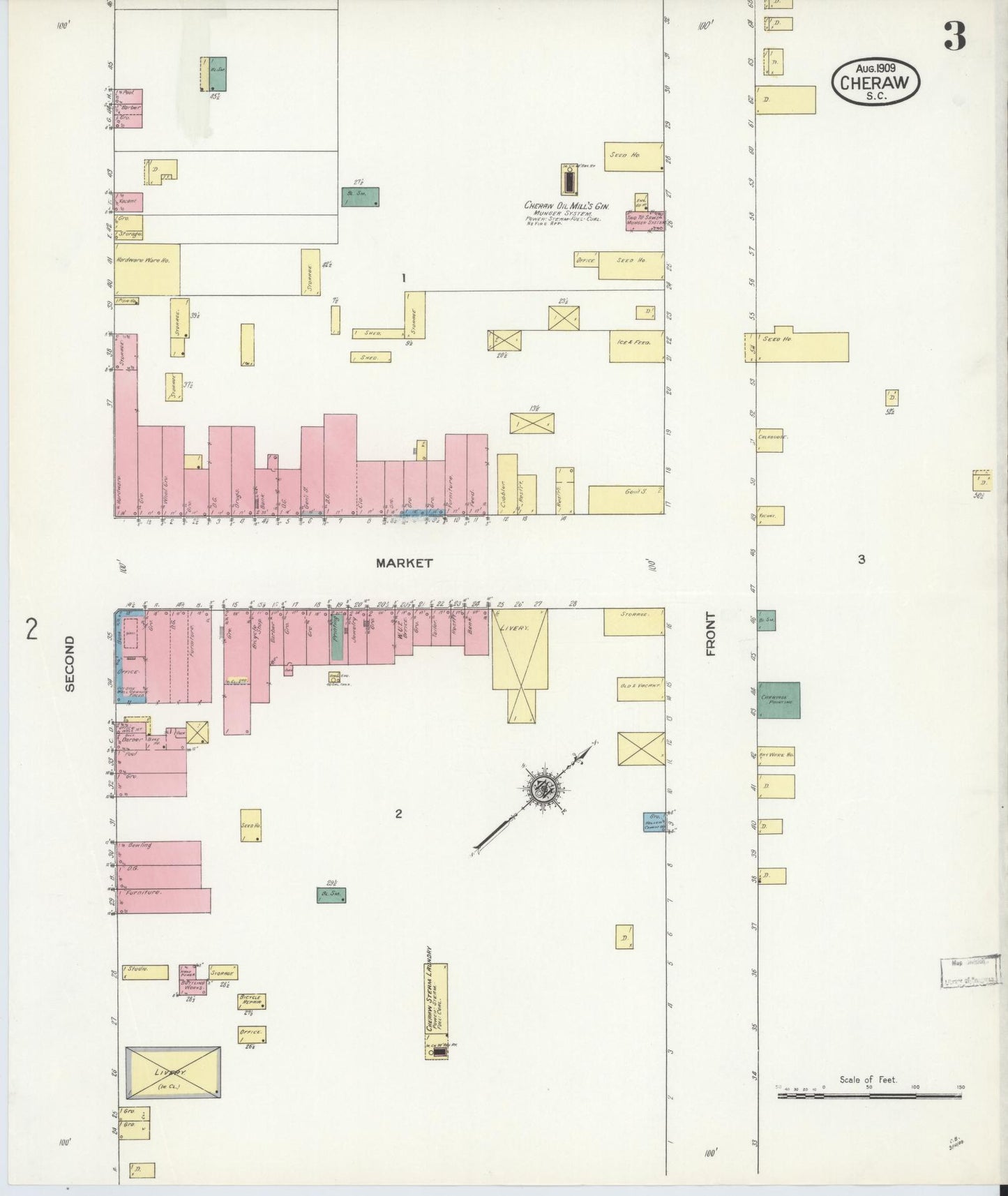 Sanborn Fire Insurance Map from Cheraw, Chesterfield County, South Carolina (1909), Sheet #0003 - Historic Sanborn Fire Insurance Map Print, vintage old map wall art, antique decor, genealogy gift, South Carolina South Carolina map