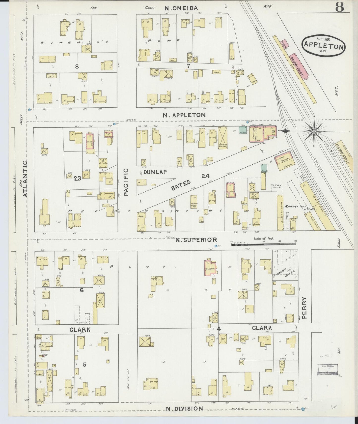 Sanborn Fire Insurance Map from Appleton, Outagamie County, Wisconsin (1891), Sheet #0008 - Historic Sanborn Fire Insurance Map Print, vintage old map wall art, antique decor, genealogy gift, Wisconsin Wisconsin map