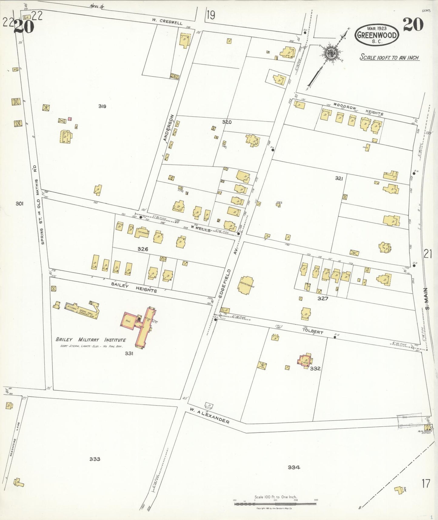 Sanborn Fire Insurance Map from Greenwood, Greenwood County, South Carolina (1923), Sheet #0020 - Historic Sanborn Fire Insurance Map Print, vintage old map wall art, antique decor, genealogy gift, South Carolina South Carolina map