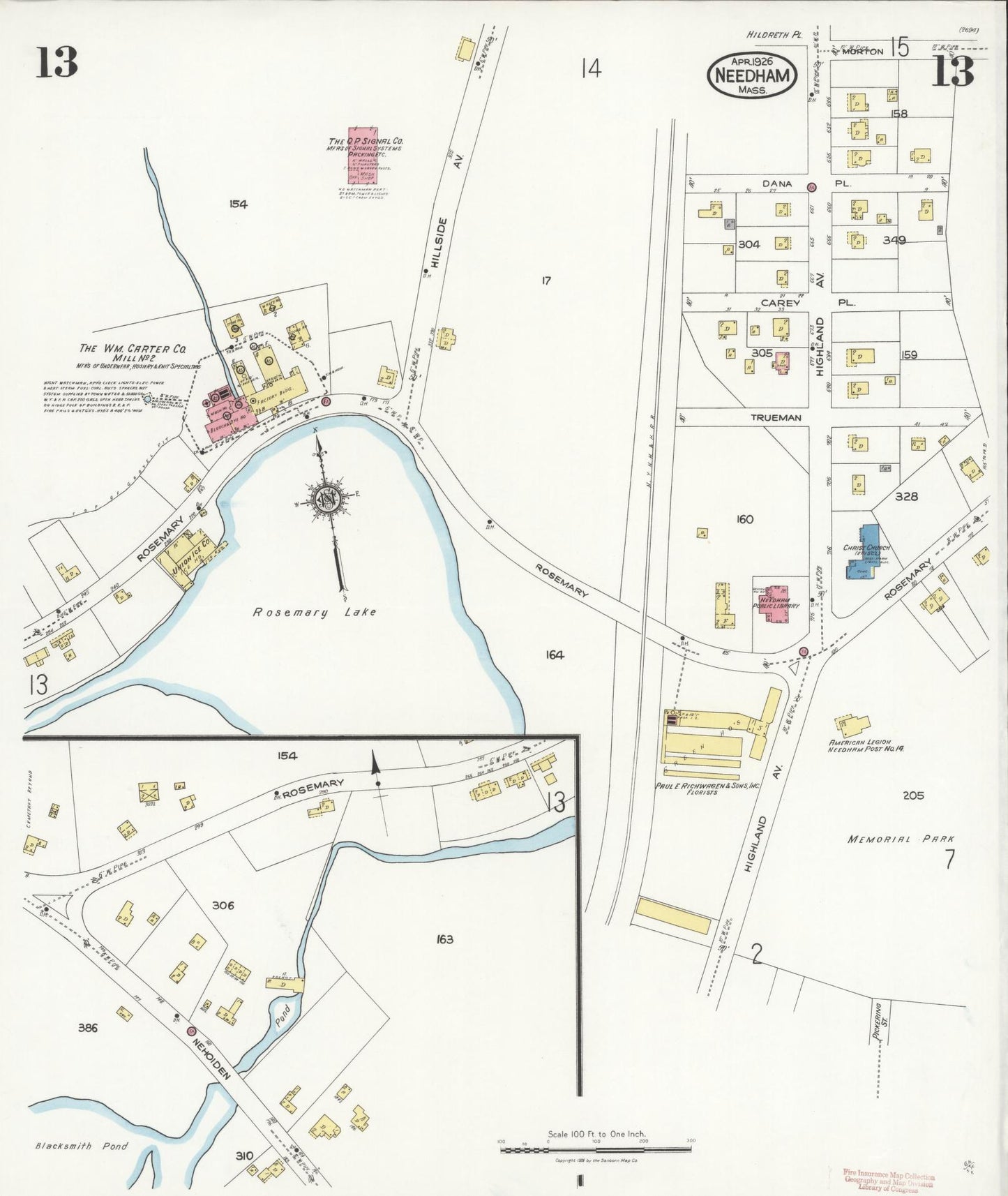 Sanborn Fire Insurance Map from Needham, Norfolk County, Massachusetts (1926), Sheet #0013 - Historic Sanborn Fire Insurance Map Print, vintage old map wall art, antique decor, genealogy gift, Massachusetts Massachusetts map