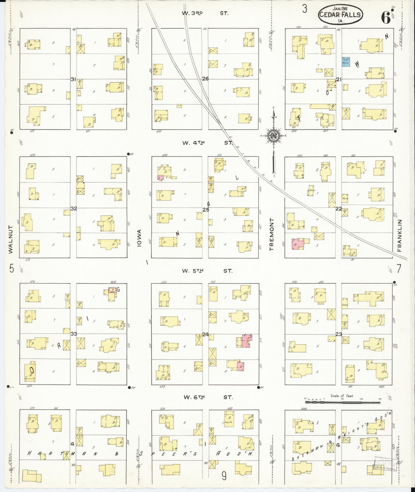 Sanborn Fire Insurance Map from Cedar Falls, Black Hawk County, Iowa (1916), Sheet #0006 - Historic Sanborn Fire Insurance Map Print, vintage old map wall art