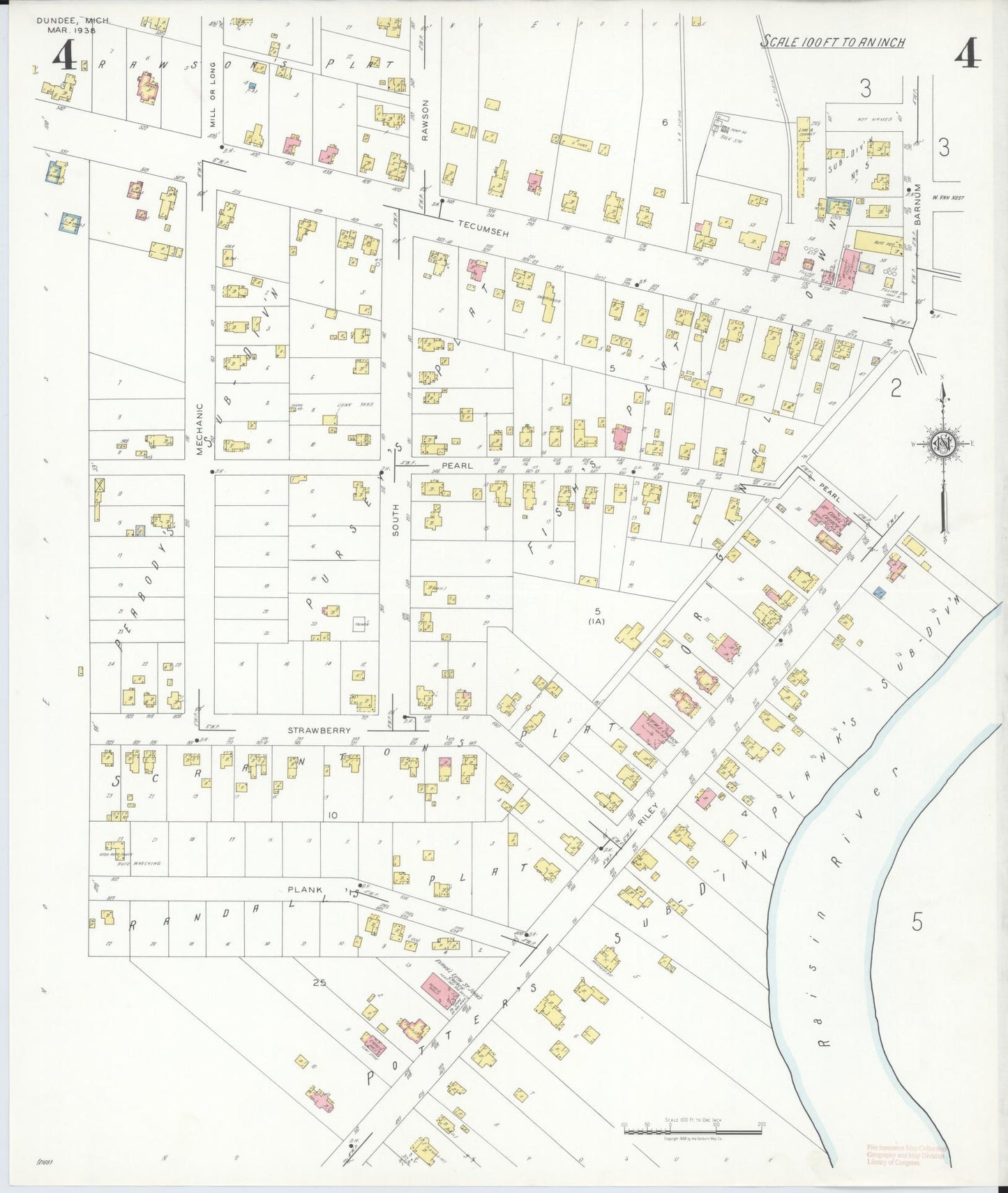 Sanborn Fire Insurance Map from Dundee, Monroe County, Michigan (1938), Sheet #0004 - Historic Sanborn Fire Insurance Map Print, vintage old map wall art, antique decor, genealogy gift, Michigan Michigan map