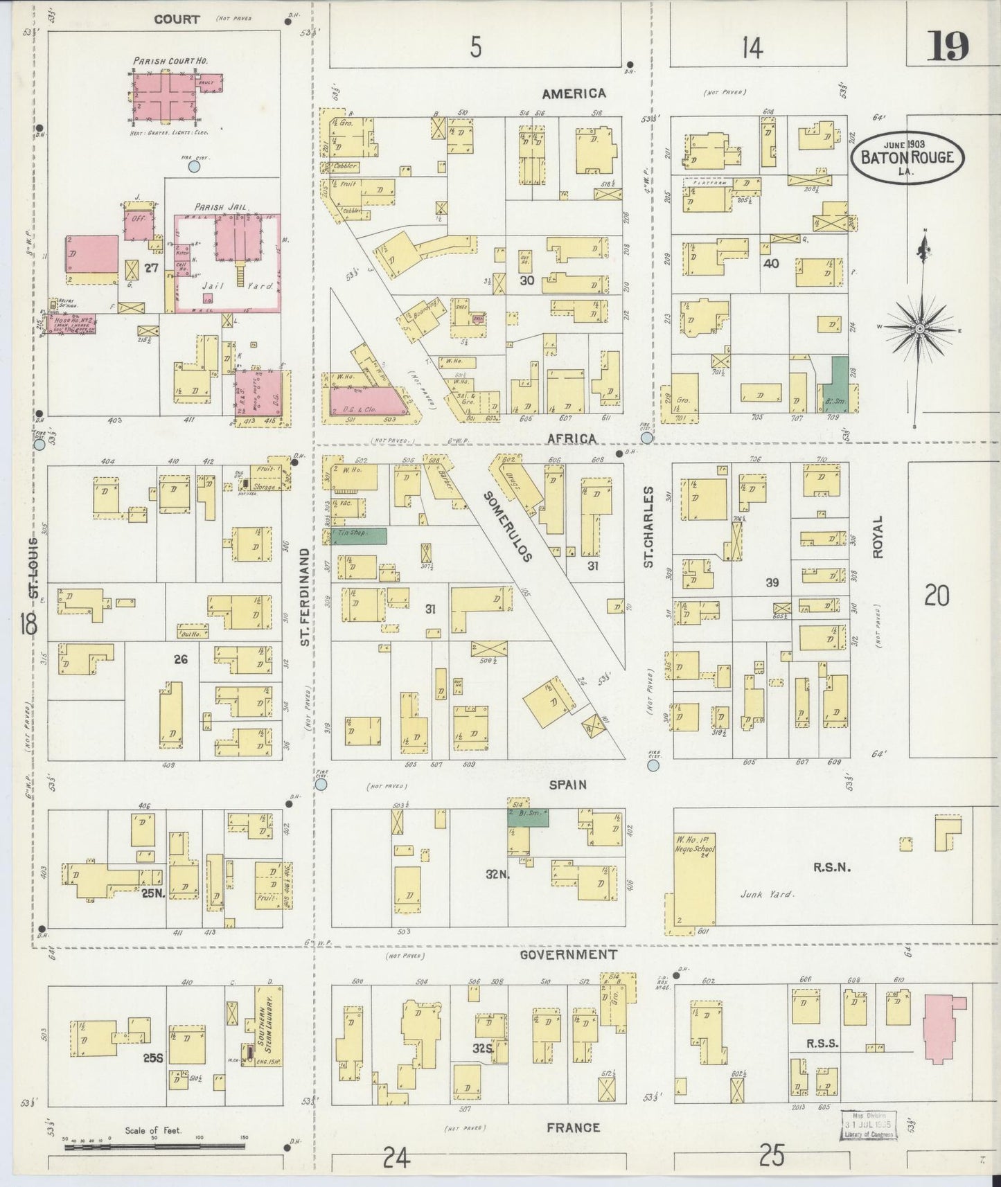 Sanborn Fire Insurance Map from Baton Rouge, East Baton Rouge Parish, Louisiana (1903), Sheet #0019 - Historic Sanborn Fire Insurance Map Print, vintage old map wall art, antique decor, genealogy gift, Louisiana Louisiana map