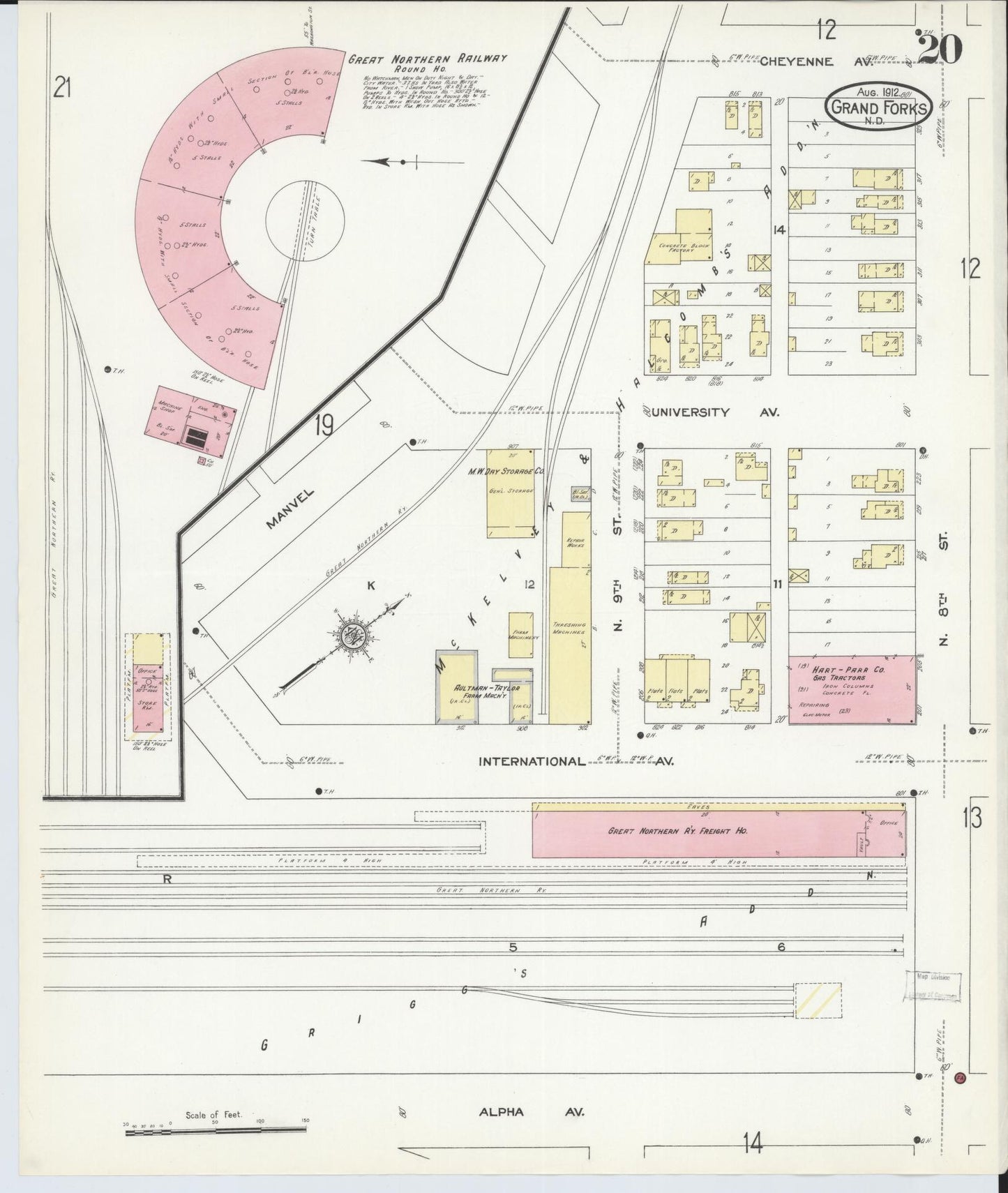 Sanborn Fire Insurance Map from Grand Forks, Grand Forks County, North Dakota (1912), Sheet #0020 - Historic Sanborn Fire Insurance Map Print, vintage old map wall art, antique decor, genealogy gift, North Dakota North Dakota map