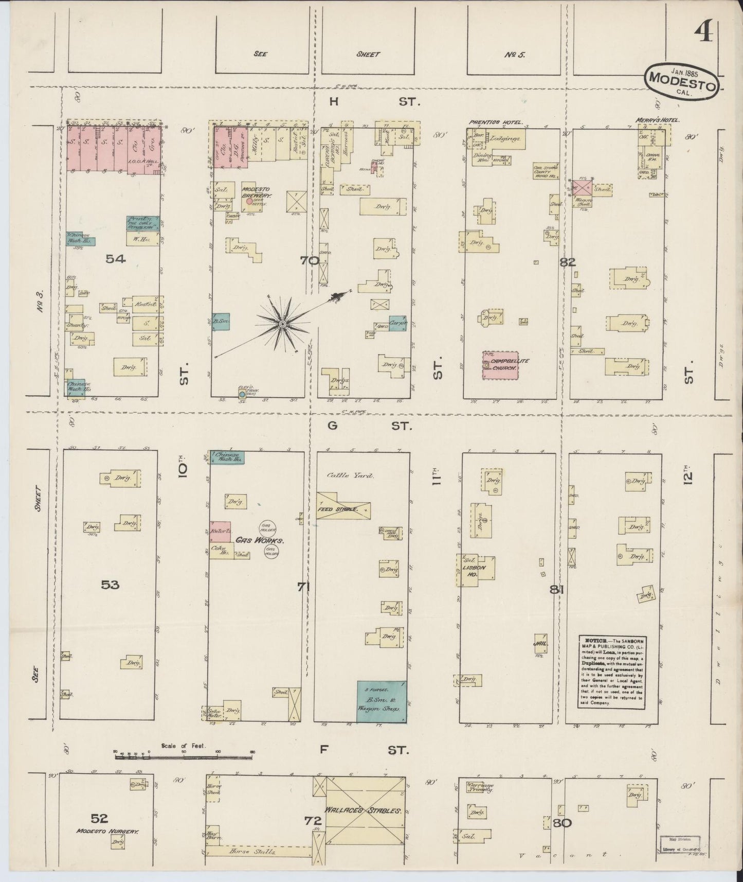 Sanborn Fire Insurance Map from Modesto, Stanislaus County, California (1885), Sheet #0004 - Historic Sanborn Fire Insurance Map Print, vintage old map wall art, antique decor, genealogy gift, California California map