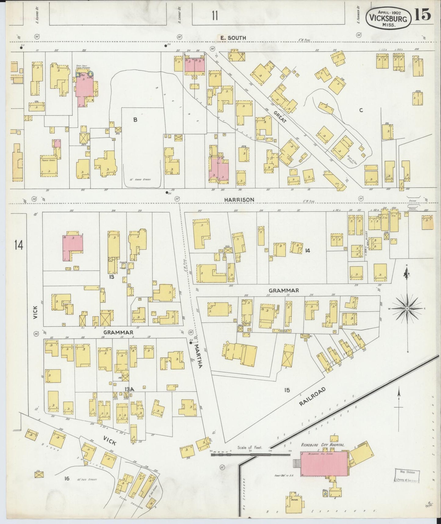 Sanborn Fire Insurance Map from Vicksburg, Warren County, Mississippi (1902), Sheet #0015 - Historic Sanborn Fire Insurance Map Print, vintage old map wall art, antique decor, genealogy gift, Mississippi Mississippi map