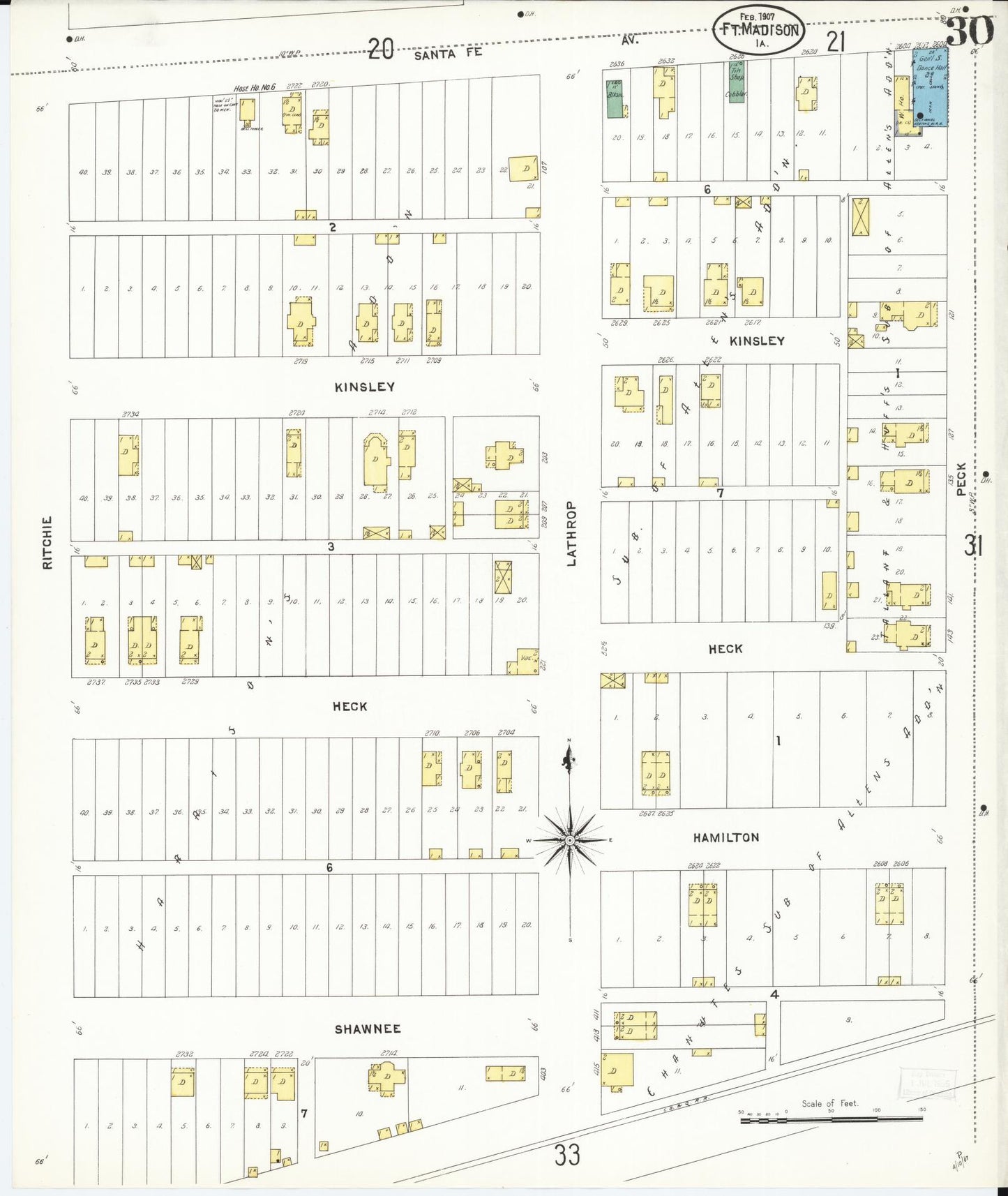 Sanborn Fire Insurance Map from Fort Madison, Lee County, Iowa (1907), Sheet #0030 - Historic Sanborn Fire Insurance Map Print, vintage old map wall art