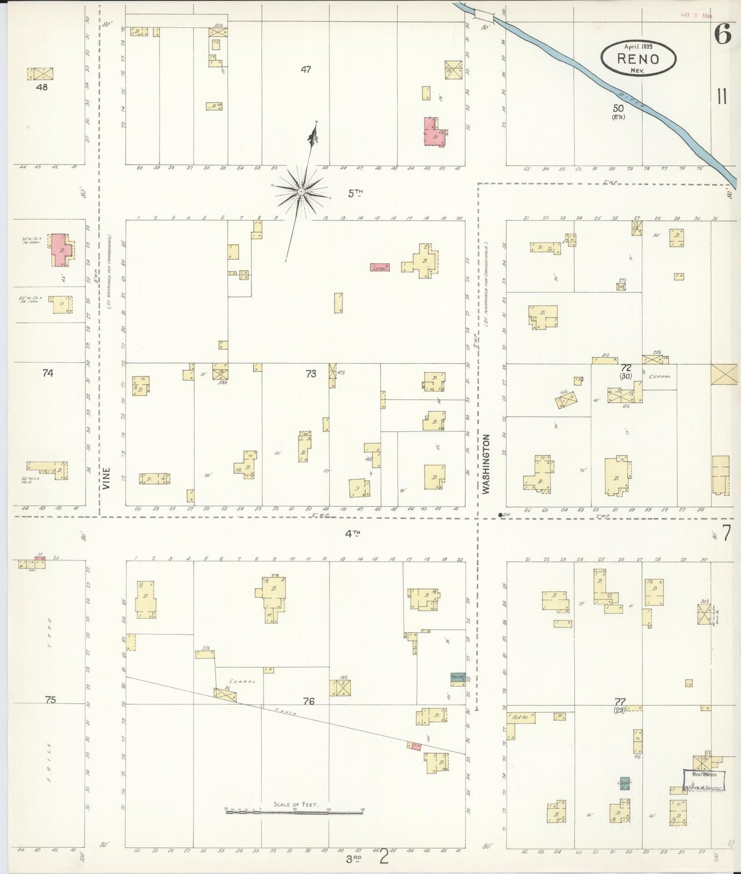 Sanborn Fire Insurance Map from Reno, Washoe County, Nevada (1899), Sheet #0006 - Historic Sanborn Fire Insurance Map Print, vintage old map wall art, antique decor, genealogy gift, Nevada Nevada map