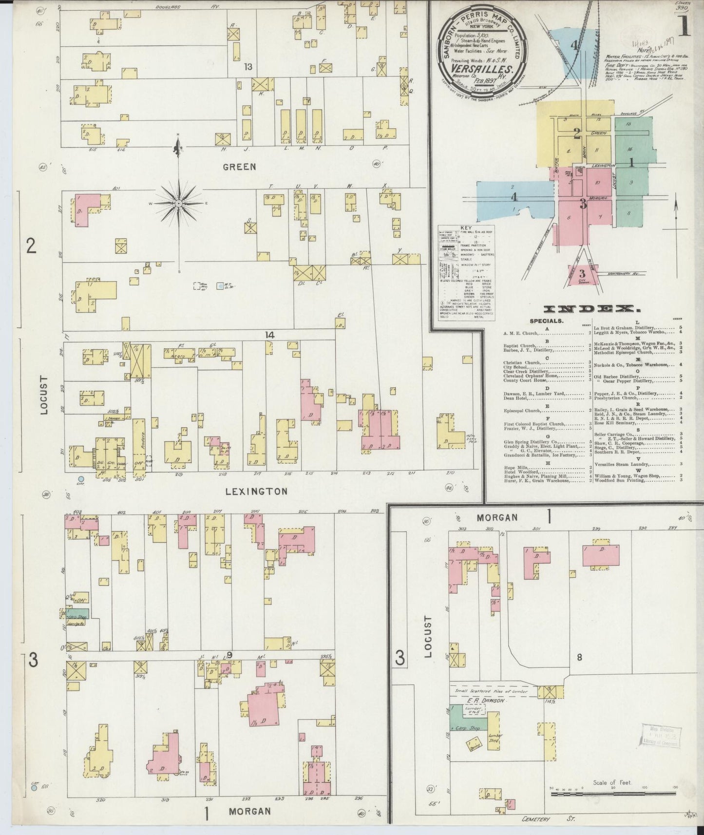 Sanborn Fire Insurance Map from Versailles, Woodford County, Kentucky (1897), Sheet #0001 - Historic Sanborn Fire Insurance Map Print, vintage old map wall art, antique decor, genealogy gift, Kentucky Kentucky map