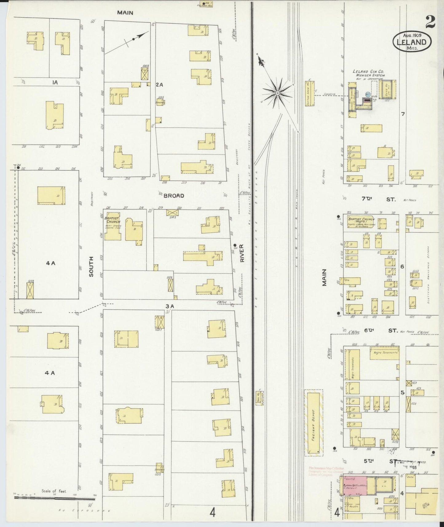 Sanborn Fire Insurance Map from Leland, Washington County, Mississippi (1909), Sheet #0002 - Historic Sanborn Fire Insurance Map Print, vintage old map wall art, antique decor, genealogy gift, Mississippi Mississippi map