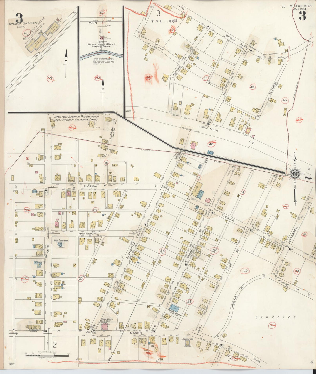 Sanborn Fire Insurance Map from Milton, Cabell County, West Virginia (1944), Sheet #0003 - Historic Sanborn Fire Insurance Map Print, vintage old map wall art, antique decor, genealogy gift, West Virginia West Virginia map