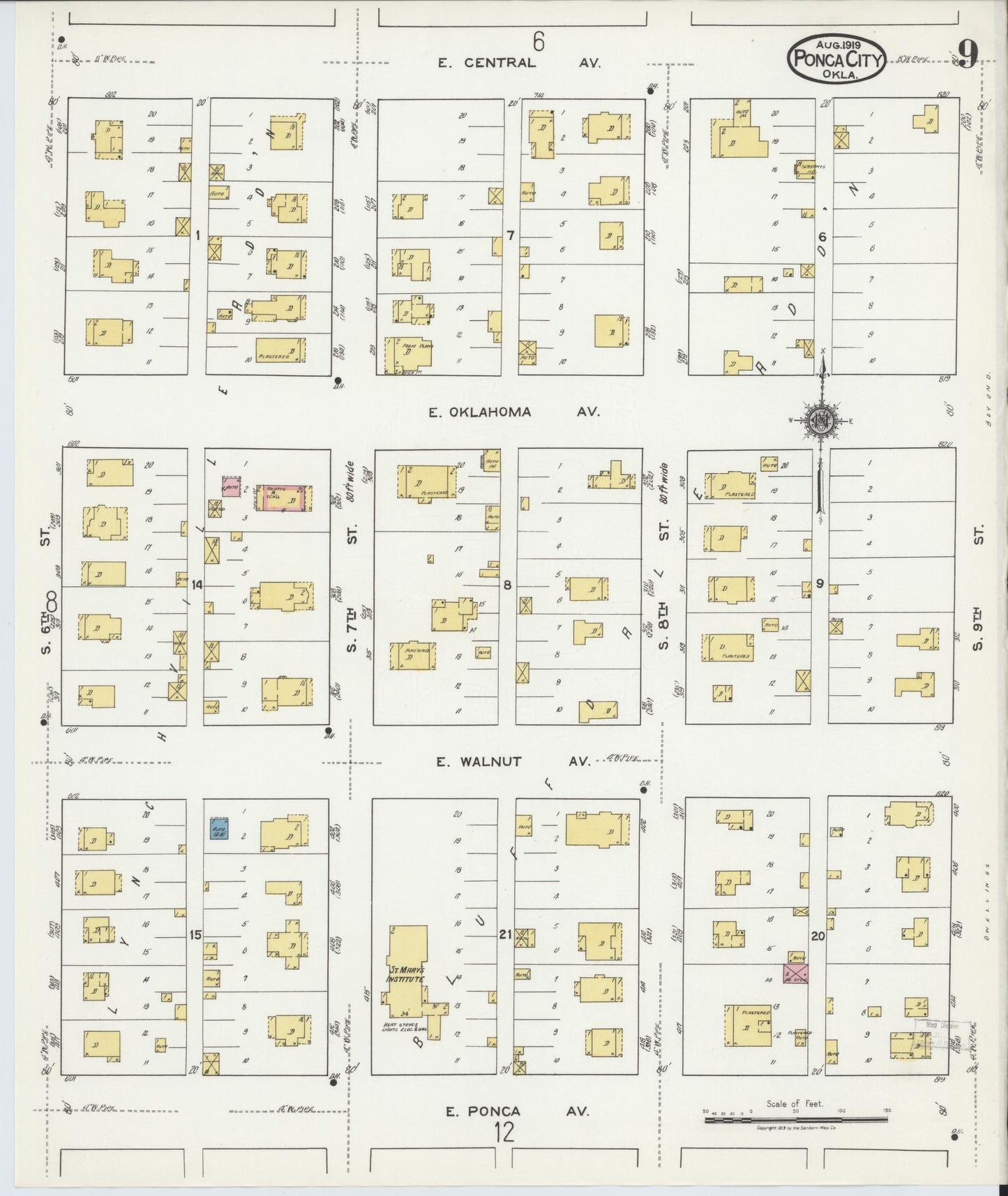 Sanborn Fire Insurance Map from Ponca City, Kay County, Oklahoma (1919), Sheet #0009 - Historic Sanborn Fire Insurance Map Print, vintage old map wall art, antique decor, genealogy gift, Oklahoma Oklahoma map