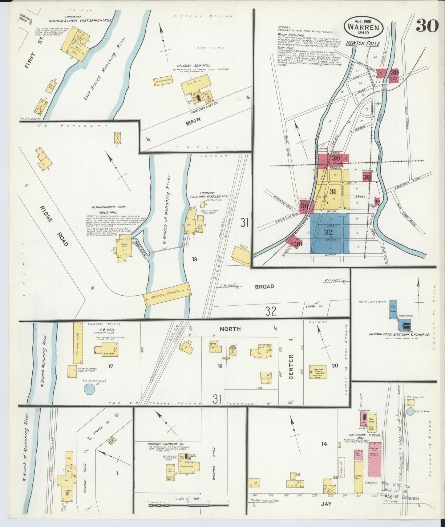 Sanborn Fire Insurance Map from Warren, Trumbull County, Ohio (1908), Sheet #0030 - Historic Sanborn Fire Insurance Map Print, vintage old map wall art, antique decor, genealogy gift, Ohio Ohio map