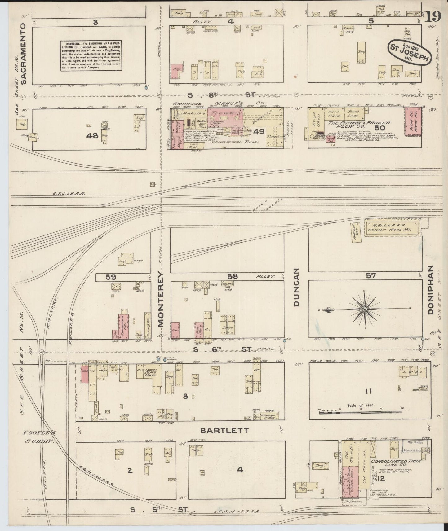 Sanborn Fire Insurance Map from Saint Joseph, Buchanan County, Missouri (1883), Sheet #0019 - Historic Sanborn Fire Insurance Map Print, vintage old map wall art, antique decor, genealogy gift, Missouri Missouri map