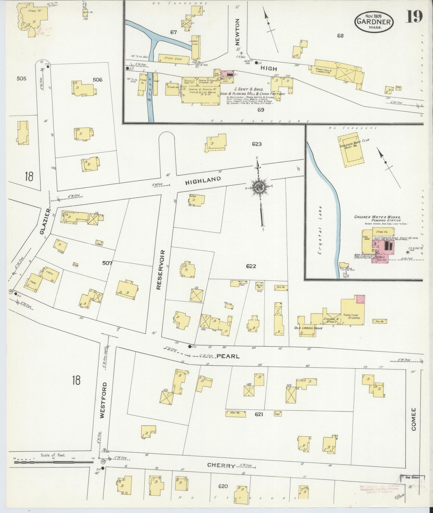 Sanborn Fire Insurance Map from Gardner, Worcester County, Massachusetts (1909), Sheet #0019 - Historic Sanborn Fire Insurance Map Print, vintage old map wall art, antique decor, genealogy gift, Massachusetts Massachusetts map