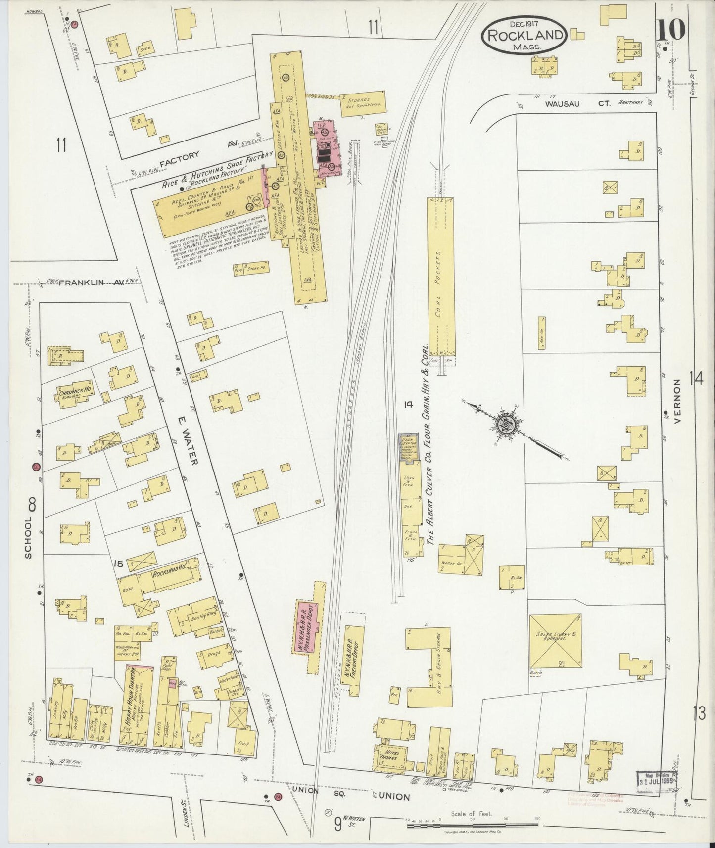 Sanborn Fire Insurance Map from Rockland, Plymouth County, Massachusetts (1917), Sheet #0010 - Historic Sanborn Fire Insurance Map Print, vintage old map wall art, antique decor, genealogy gift, Massachusetts Massachusetts map