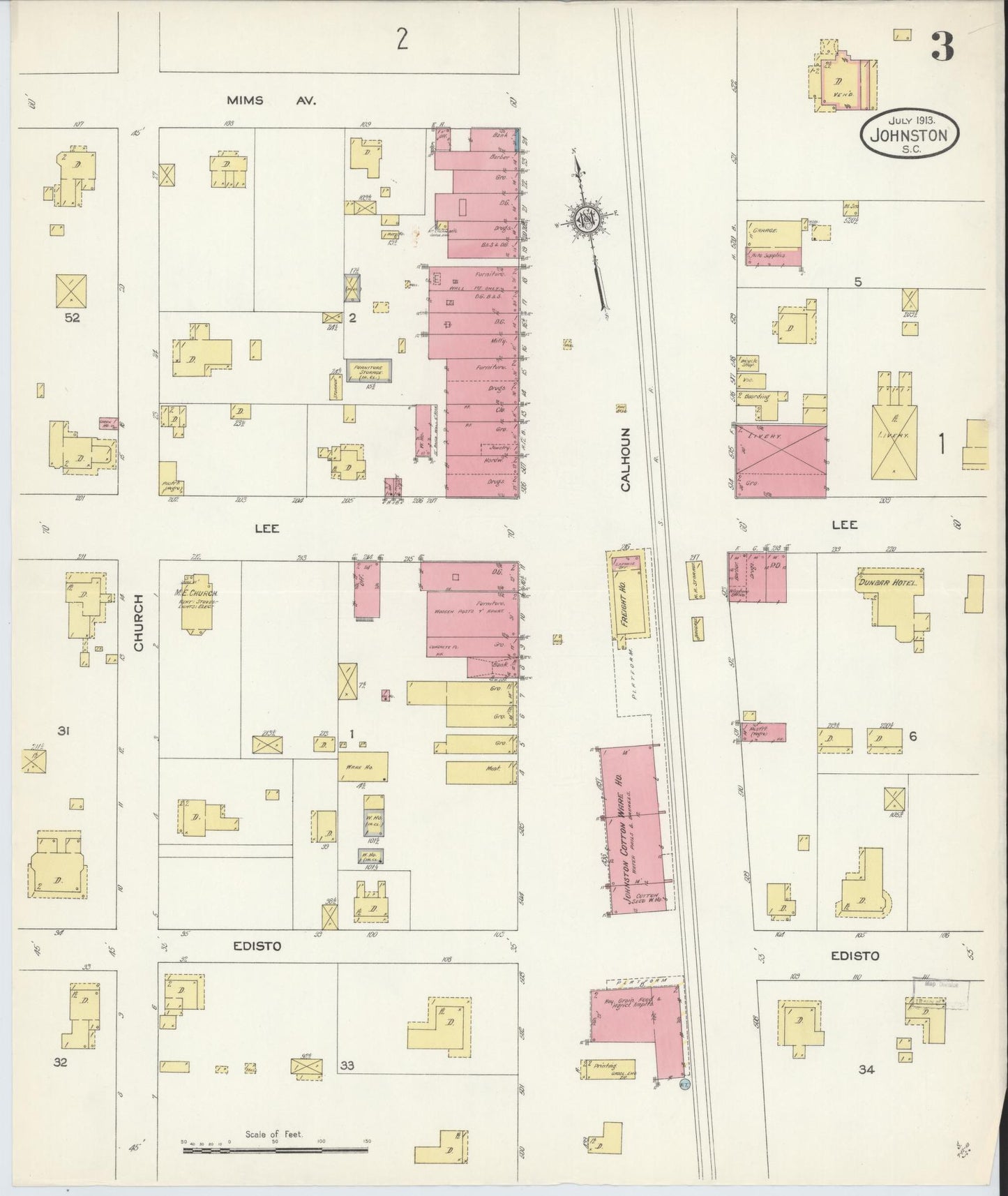 Sanborn Fire Insurance Map from Johnston, Edgefield County, South Carolina (1913), Sheet #0003 - Historic Sanborn Fire Insurance Map Print, vintage old map wall art, antique decor, genealogy gift, South Carolina South Carolina map