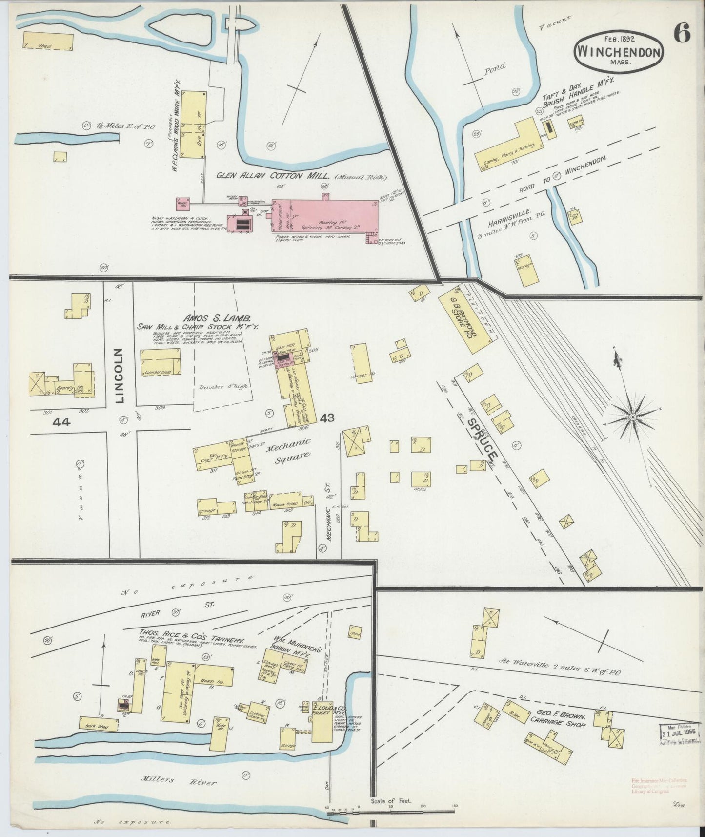 Sanborn Fire Insurance Map from Winchendon, Worcester County, Massachusetts (1892), Sheet #0006 - Historic Sanborn Fire Insurance Map Print, vintage old map wall art, antique decor, genealogy gift, Massachusetts Massachusetts map
